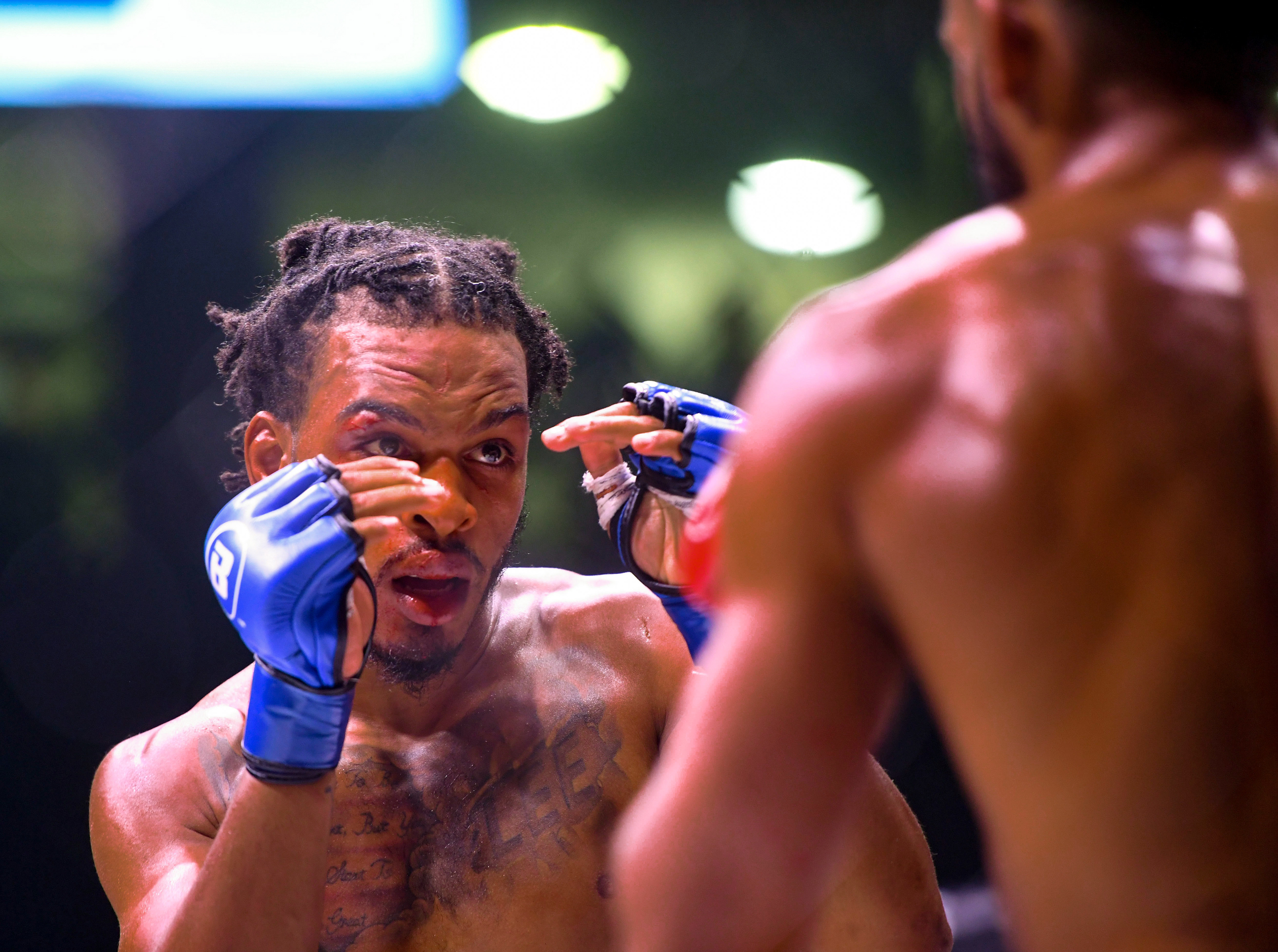Keith Lee waits in a defensive stance while fighting Jornel Lugo in the Bellator 265 mixed martial arts event on Friday, August 20, 2021 at the Sanford Pentagon in Sioux Falls.