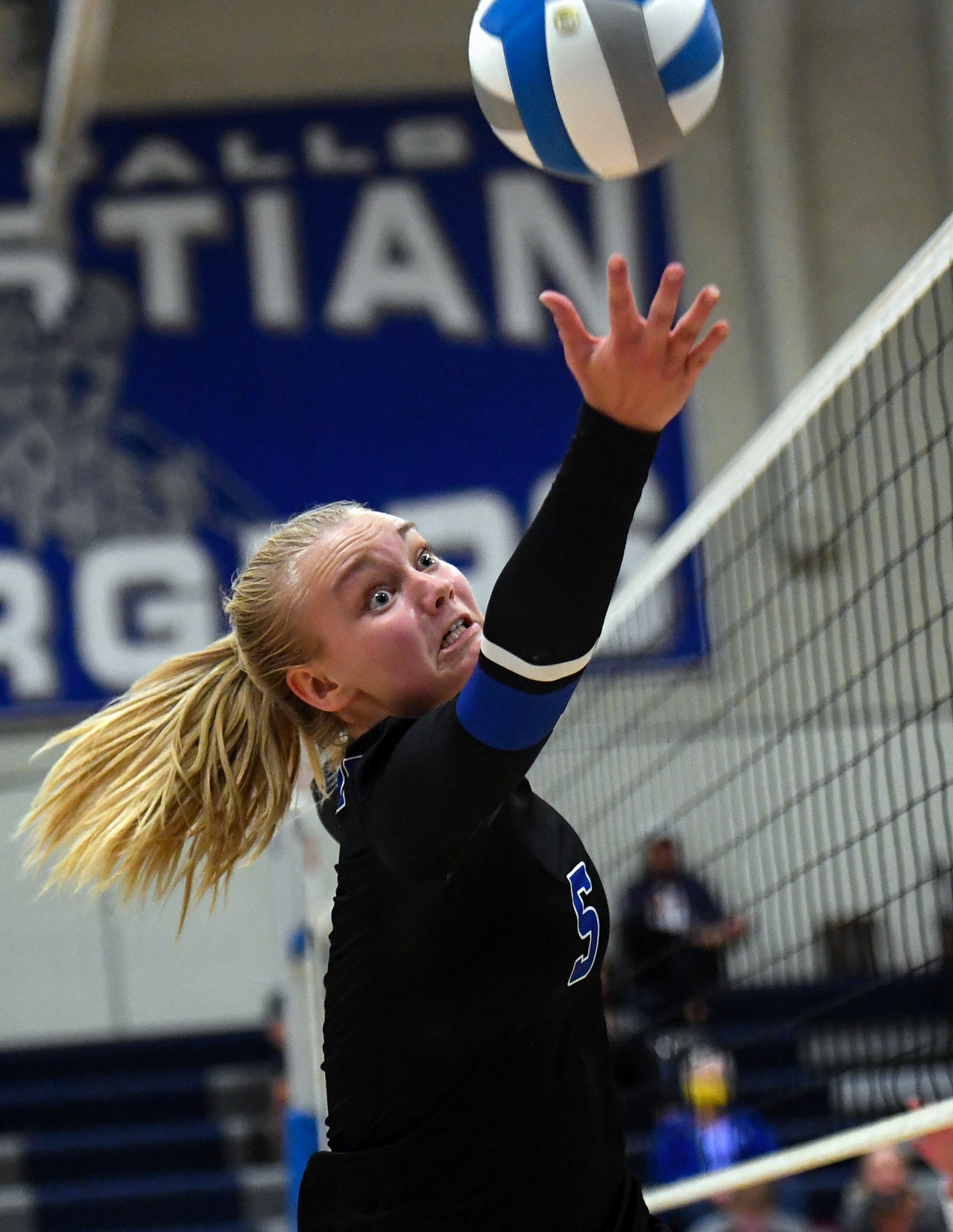 Sioux Falls Christian's Kelsi Heard reaches in a last-ditch effort to keep the ball in play during their volleyball match against Dakota Valley on Thursday, September 24, 2020, at Sioux Falls Christian High School.