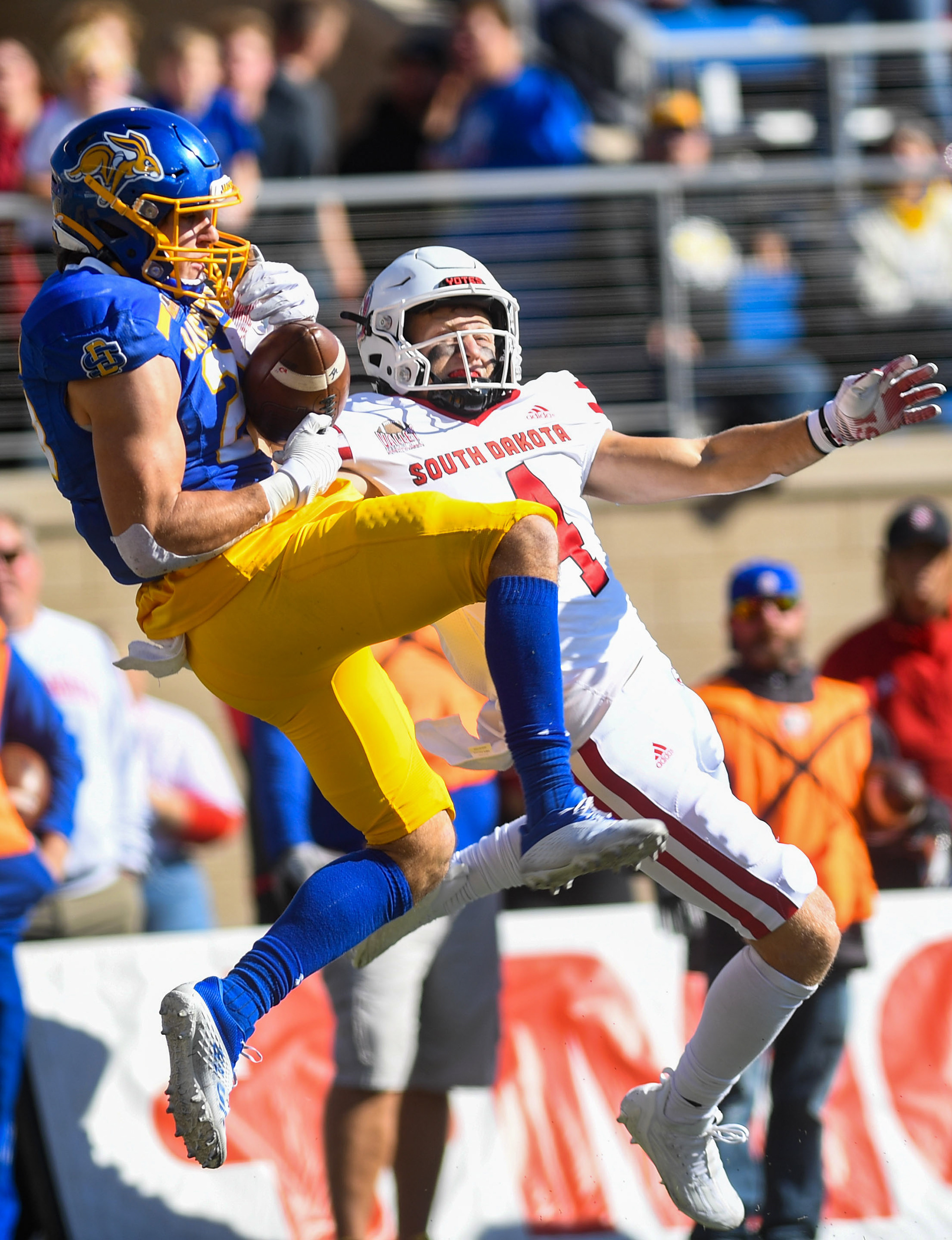 South Dakota State’s Cale Reeder intercepts a pass in the end zone intended for South Dakota’s Carter Bell in their rivalry football game on Saturday, October 8, 2022, at Dana J. Dykhouse Stadium in Brookings.