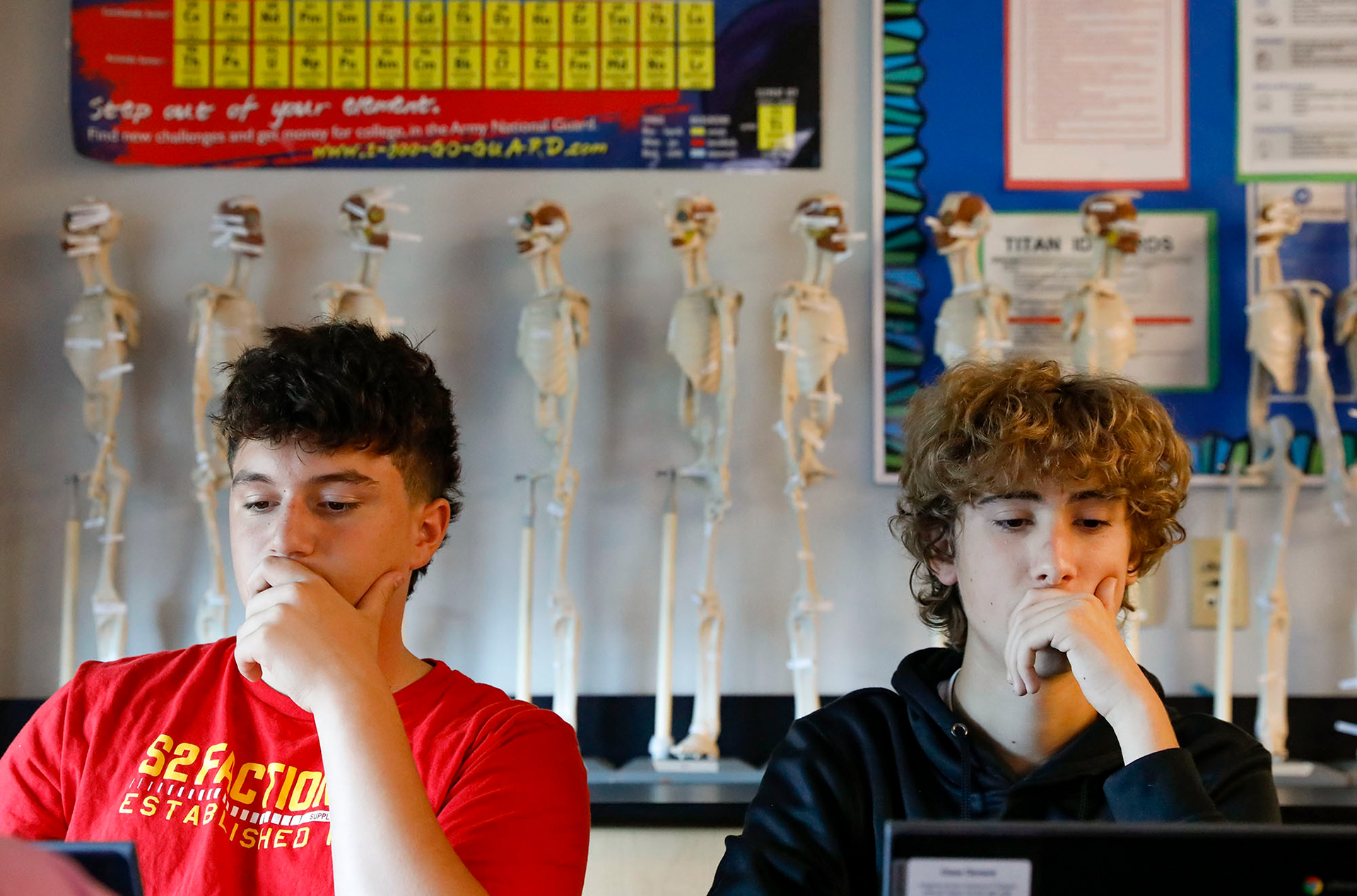 Sophomores Gavin Sefton and Chase Clement work on a project side-by-side on Wednesday, September 27, 2023, at Lee’s Summit West High School.