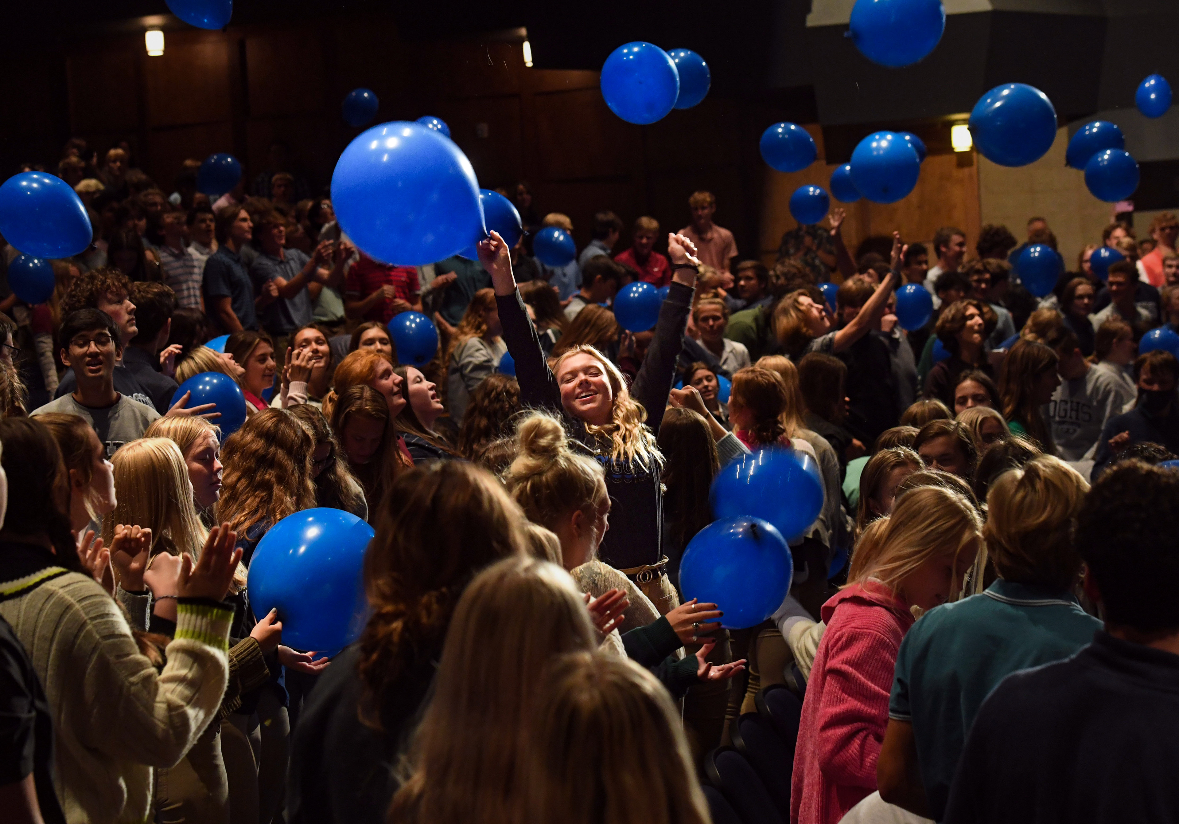 Balloons drop on O'Gorman high school students as they celebrate being named a National Blue Ribbon School on Thursday, September 23, 2021, in the school auditorium in Sioux Falls.