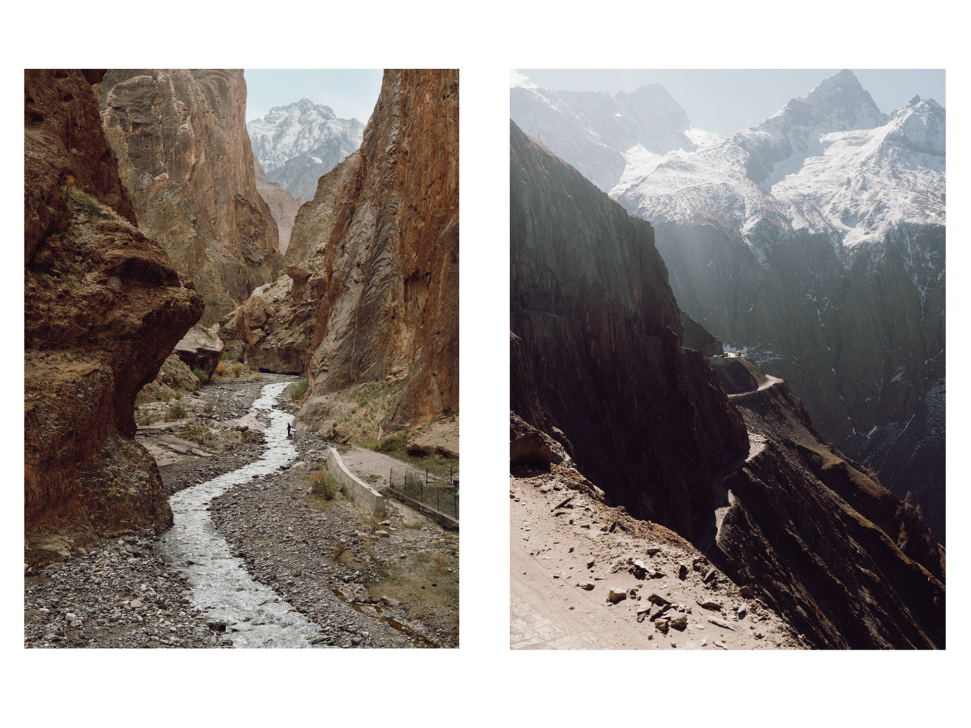 Left: River spring close to Wanla. Right: Zojila pass. A tunnel is being built avoiding the pass entirely and ensuring an all weather connection to Kargil.