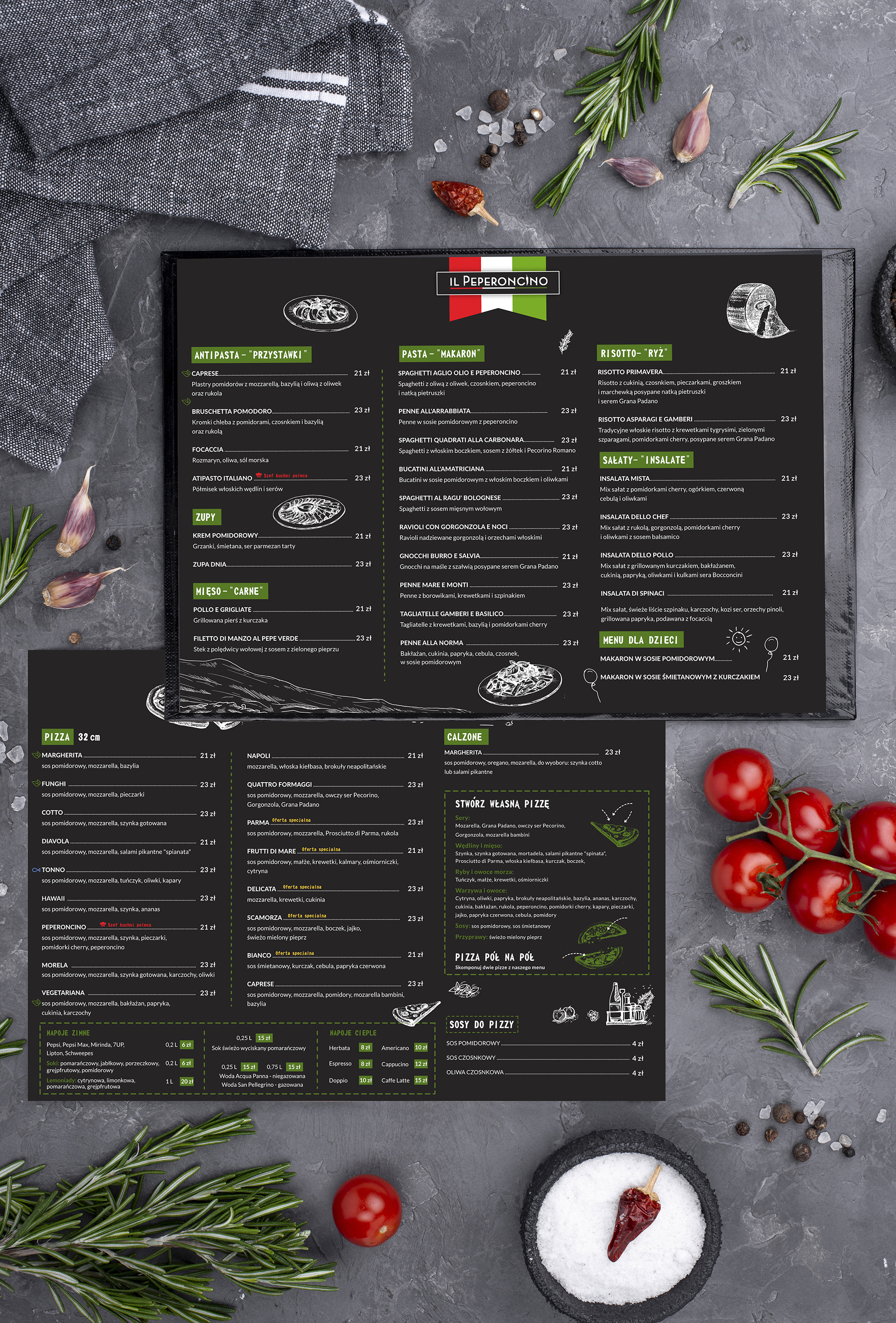 Menu zaprojektowane dla włoskiej restauracji Il Peperoncino