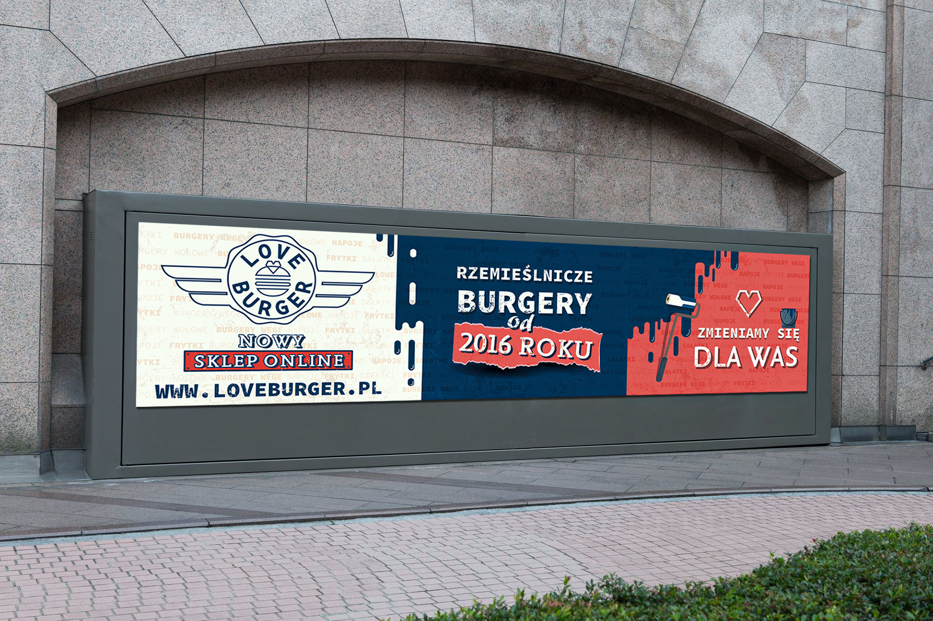 Baner panoramiczny dla "Love Burger", restauracji specjalizującej się w burgerach rzemieślniczych