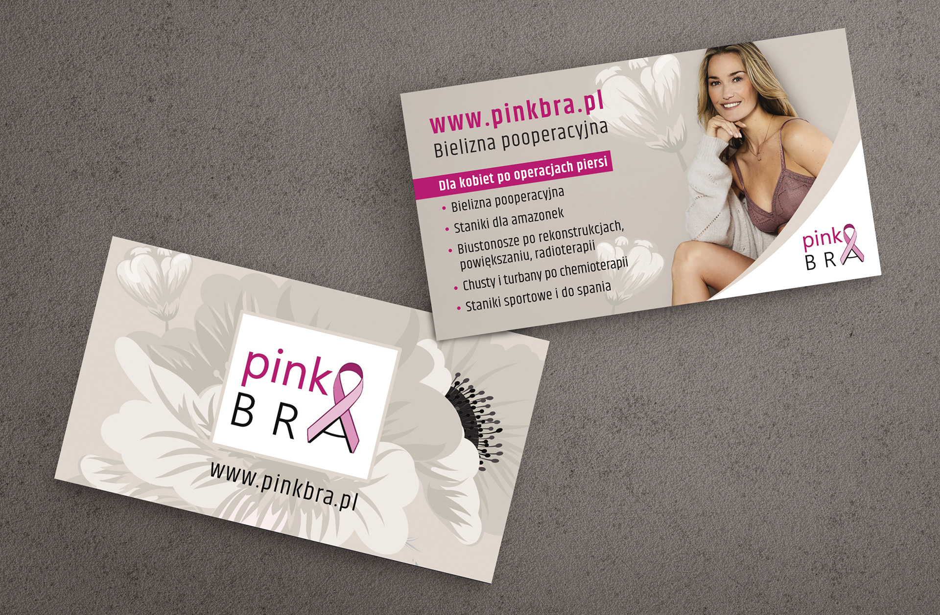 Wizytówka wykonana dla firmy "Pink BRA" specjalizującej się w bieliźnie pooperacyjnej