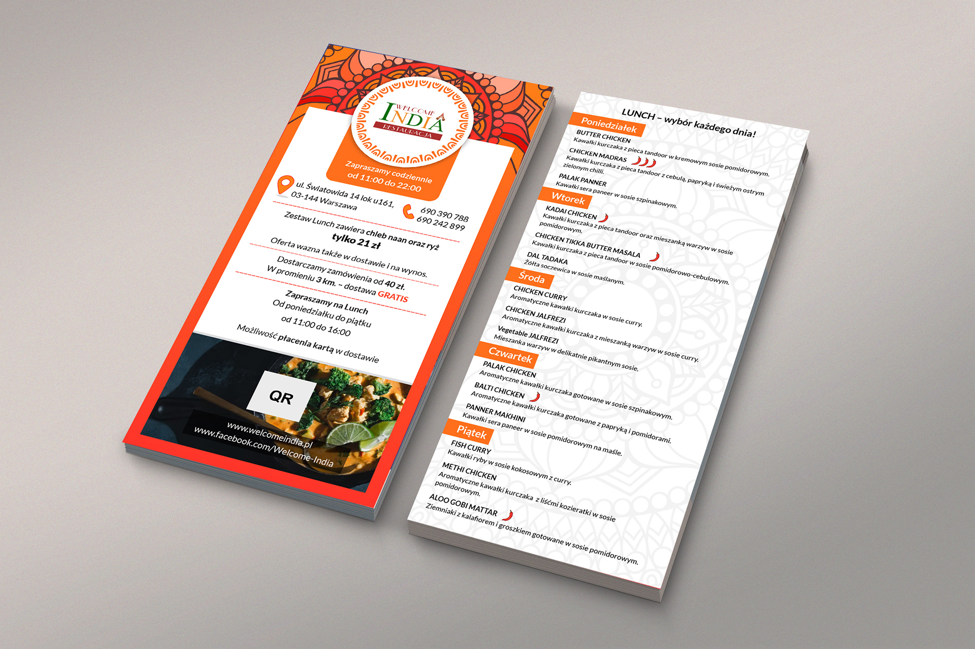 Menu zaprojektowane dla indyjskiej restauracji Welcome India
