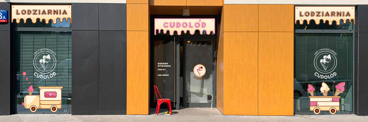 Projekt szyldów z ciuchcią i tablic z napisami wykonany dla lodziarni "Cudolód"