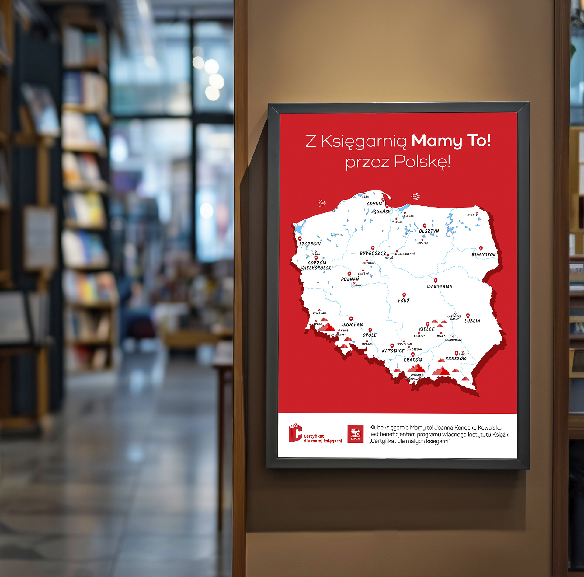 Plakat wykonany dla Księgarni "Mamy to!" wyróżnionej w plebiscycie ulubionej księgarni Warszawy