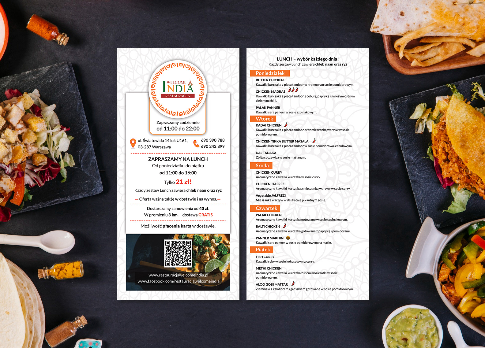 Menu zaprojektowane dla indyjskiej restauracji Welcome India