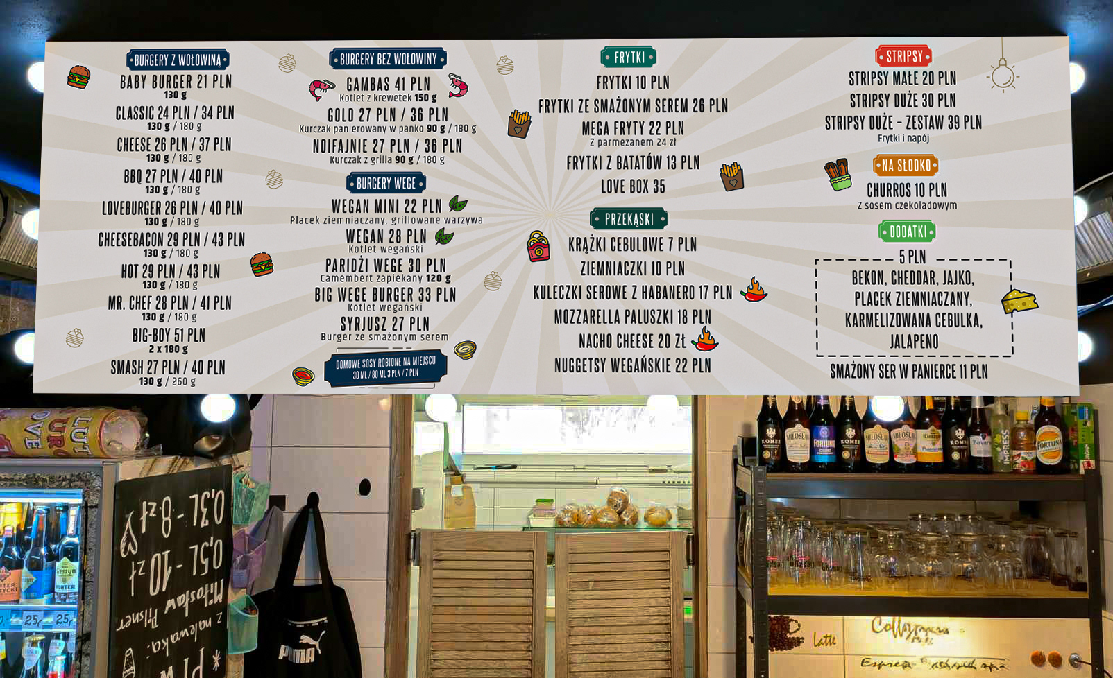 Menu w formie tablicy dla "Love Burger", restauracji specjalizującej się w burgerach rzemieślniczych