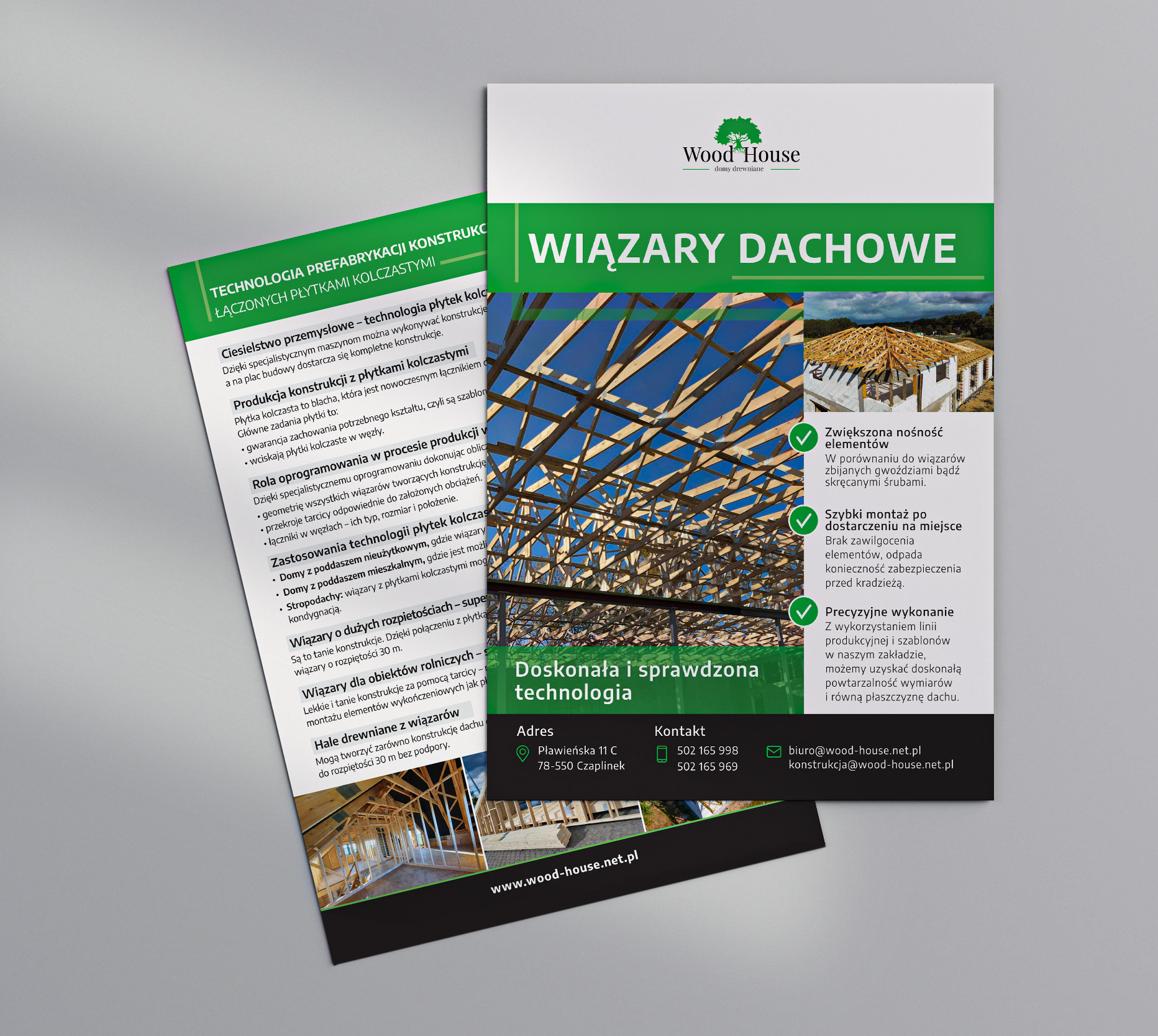 Ulotka ofertowa dla firmy "Wood House" zajmującej się budownictwem drewnianym i konstrukcjami dachowymi