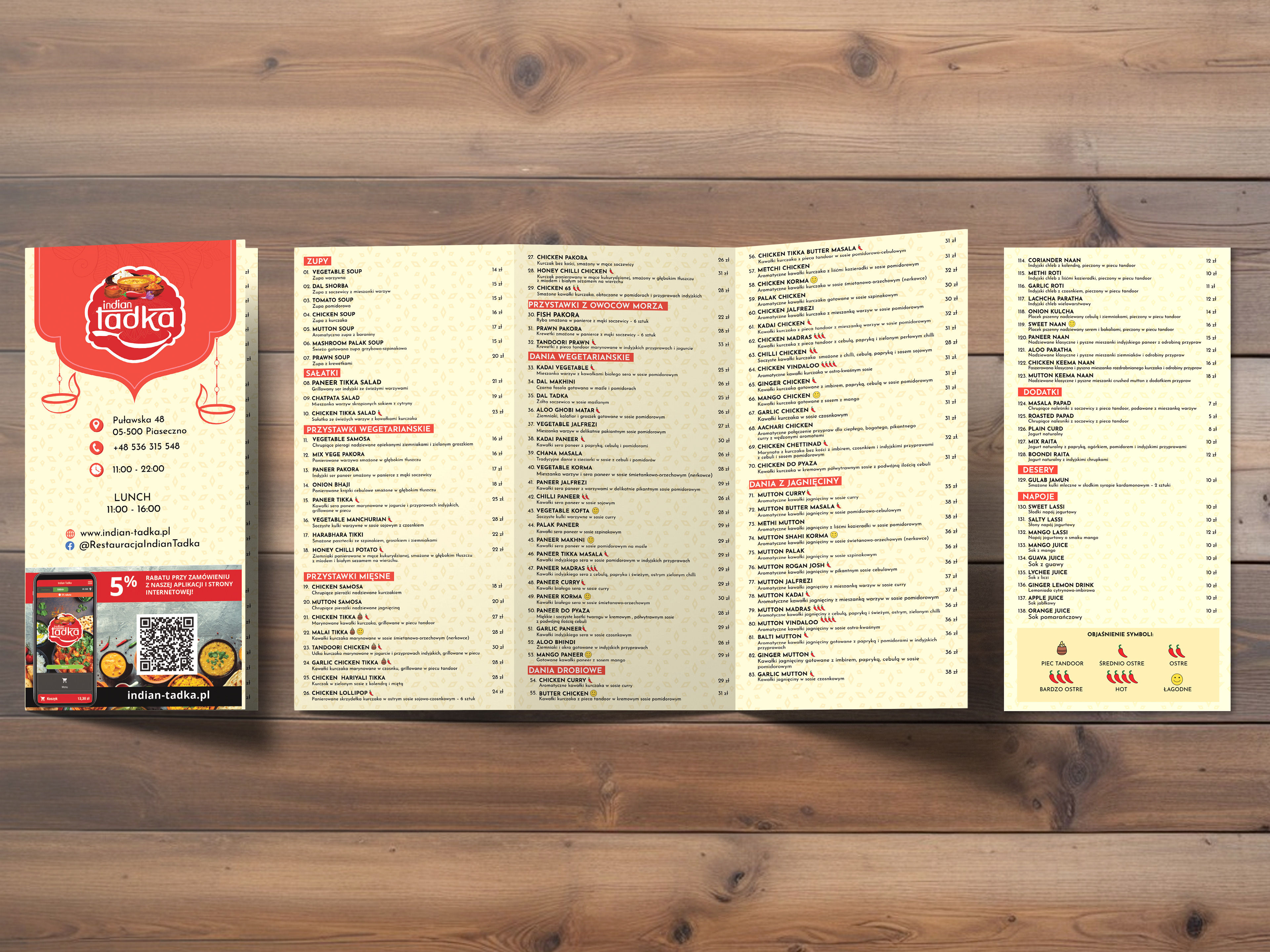 Menu zaprojektowane dla indyjskiej restauracji Indian Tadka
