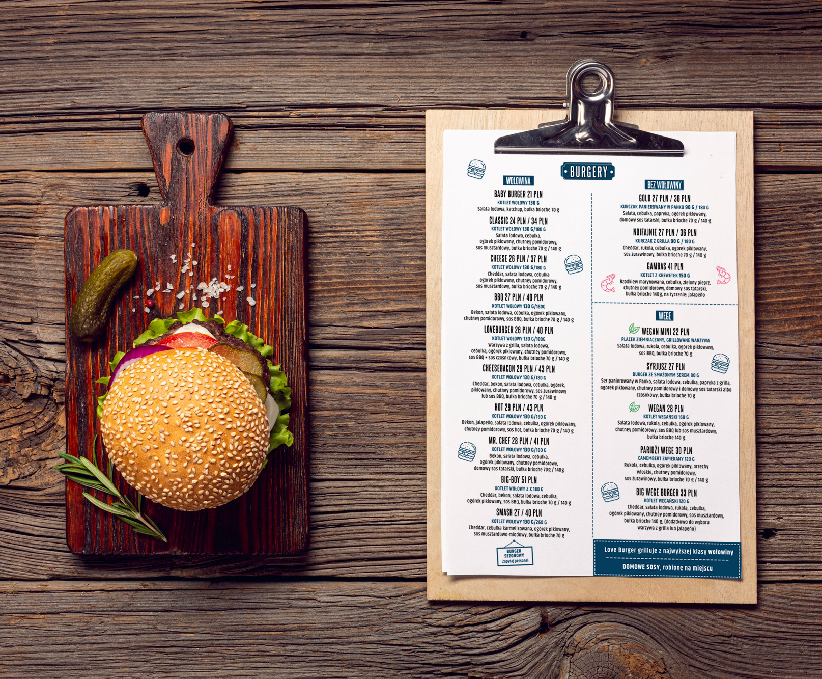 Menu zaprojektowane dla restauracji Love Burger z burgerami rzemieślniczymi Love Burger