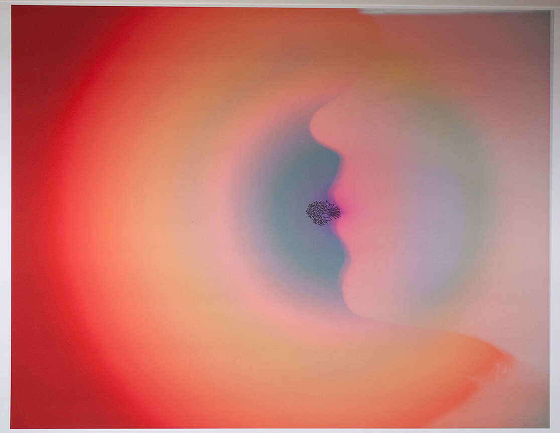 Image with silhouette of woman with color emanating in concentric circles and bouquet between lips