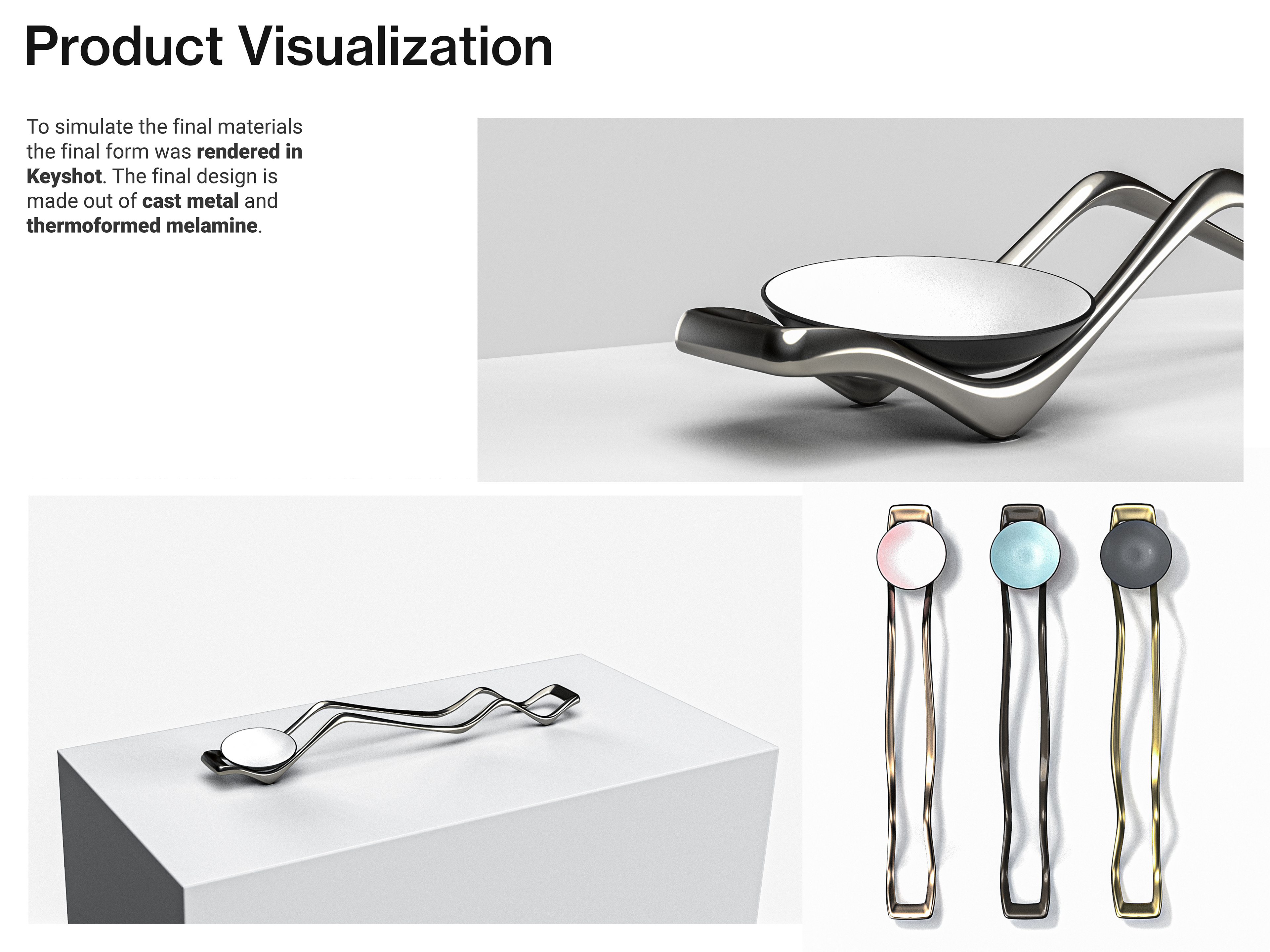 Product visualization. To simulate the final materials the final form was rendered in Keyshot. The final design is made out of cast metal and thermoformed melamine. Image shows renderings and colourways of Ripa.