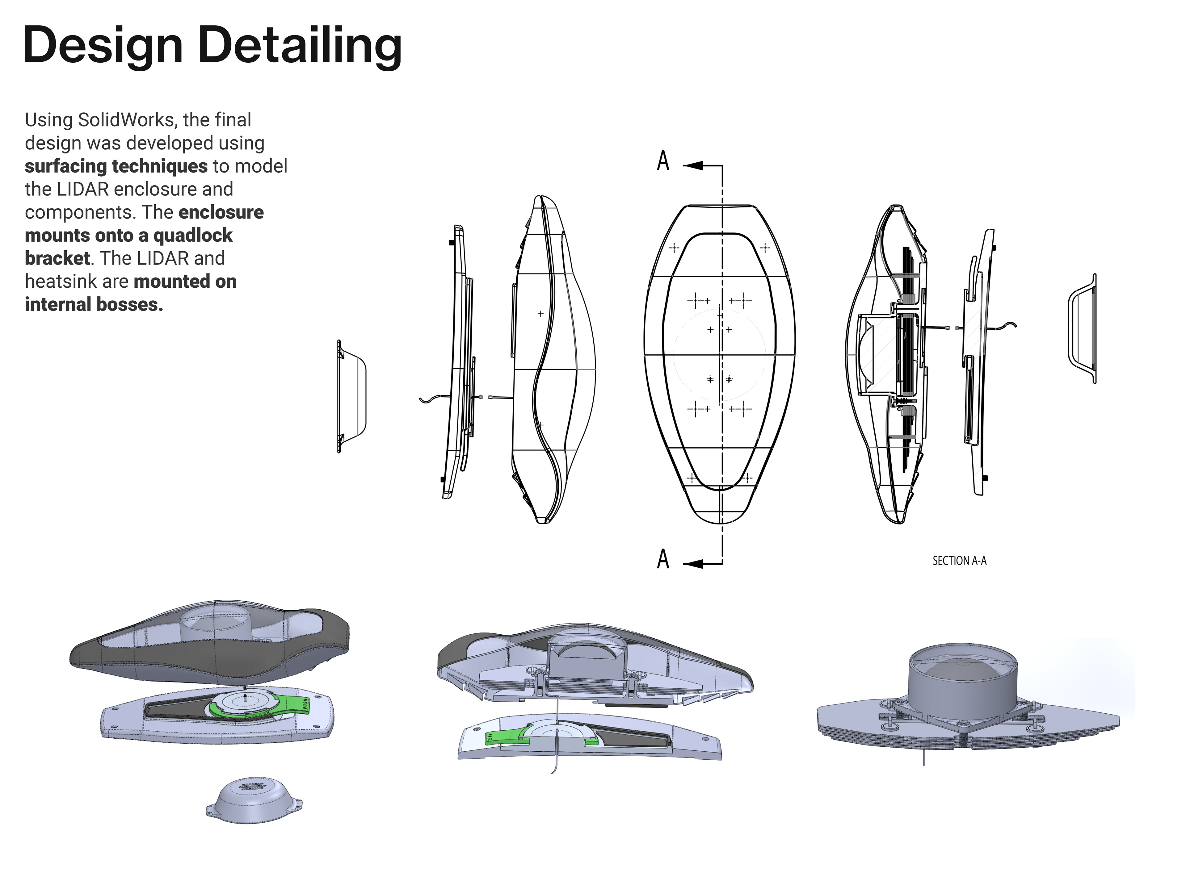 Design detailing. Using SolidWorks, the final design was developed using surfacing techniques to model the LIDAR enclosure and components. The enclosure mounts onto a quadlock bracket. The LIDAR and heatsink are mounted on internal bosses. Image shows technical drawing and SOLIDWORKS process.