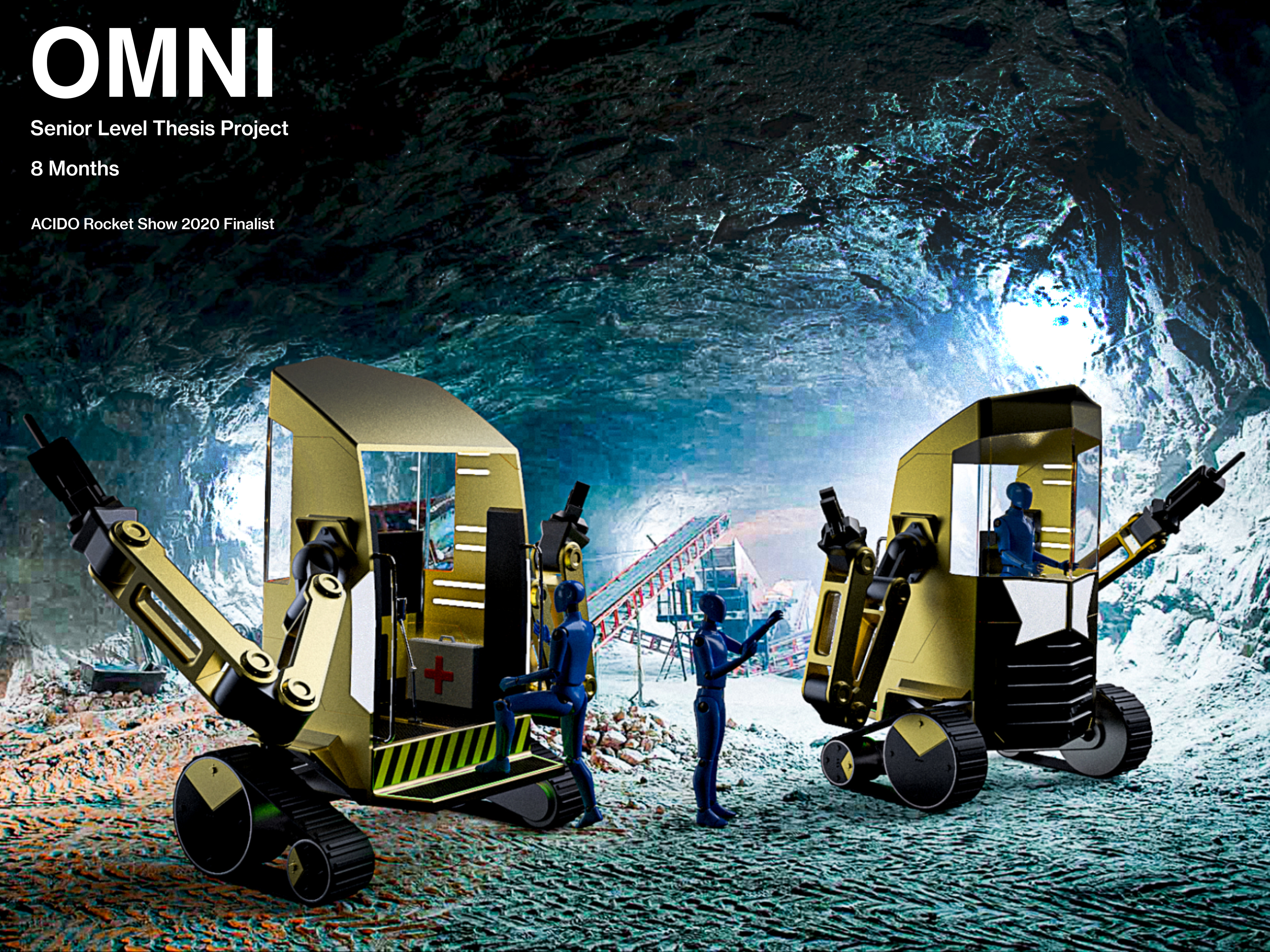 Omni, Senior level thesis project, 8 months, ACIDO rocket show 2020 finalist. Image shows two Omni vehicles working in a mine.