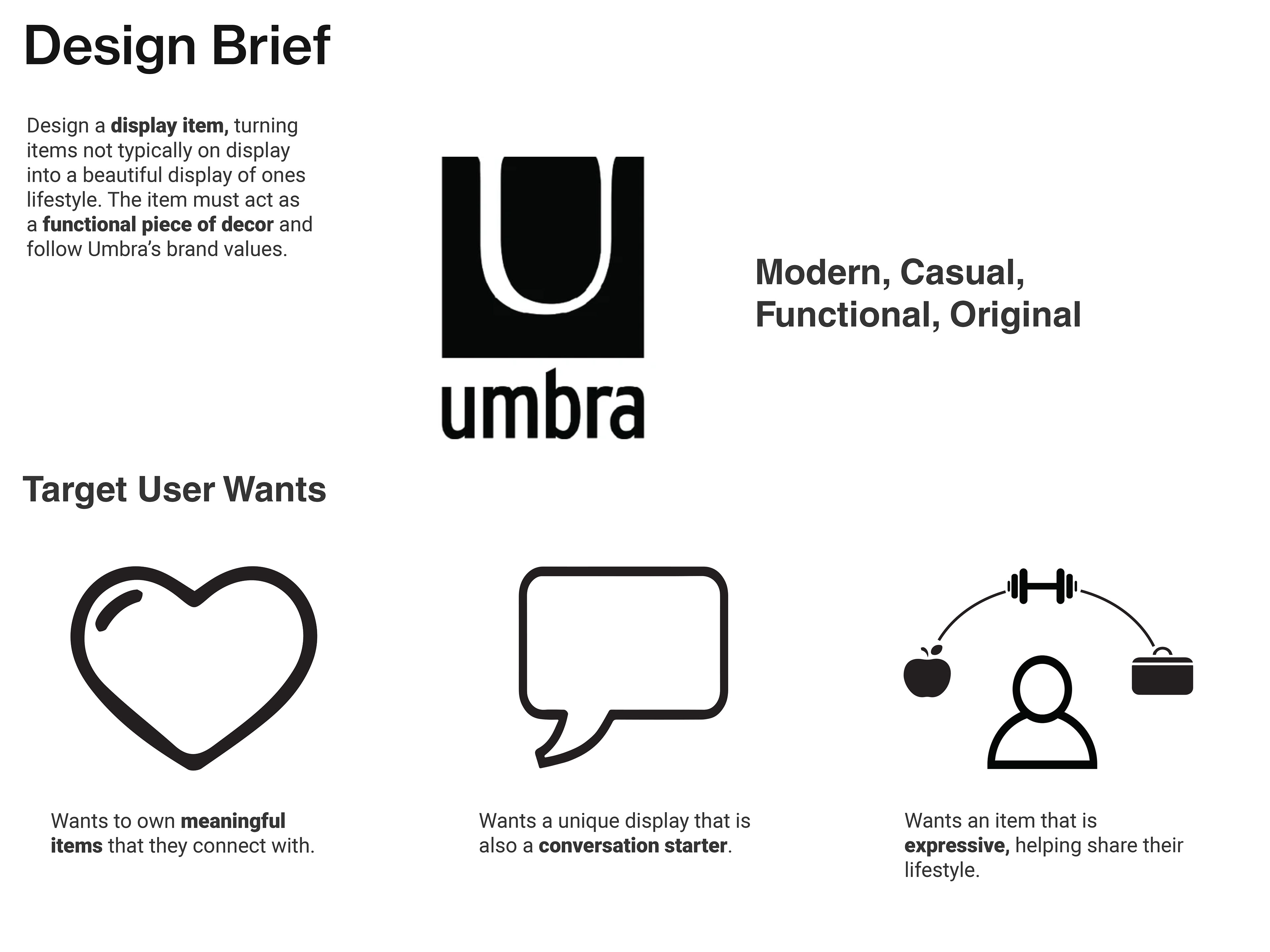 Design Brief. Design a display item, turning items not typically on display into a beautiful display of ones lifestyle. The item must act as a functional piece of decor and follow Umbra’s brand values. Modern, casual, functional, original. Target user wants. Wants to own meaningful items that they connect with, wants a unique display that is also a conversation starter. wants an item that is expressive, helping share their lifestyle.