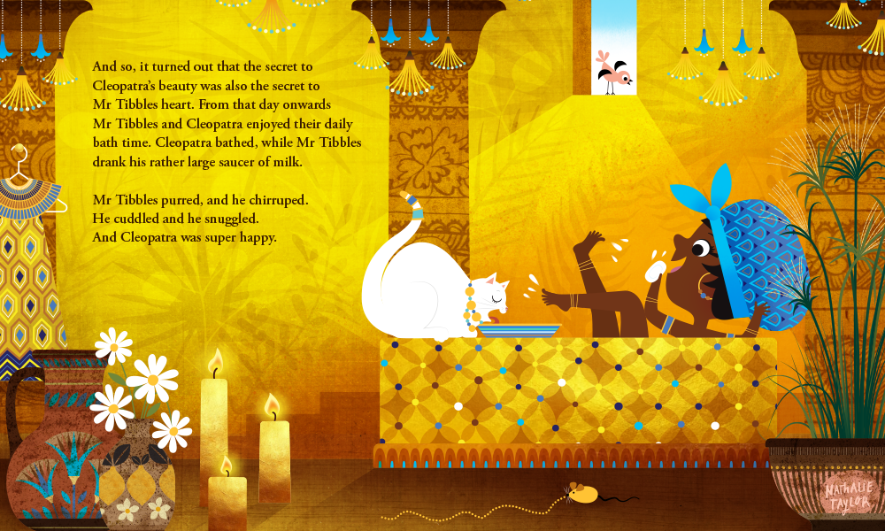 Cleopatra and Mr Tibbles | 2021 | Atelier de maîtres — Enseignantes Lilla Rogers et Zoe Tucker (Scholastic) | Illustration numérique | Format final : 24 x 13 pouces