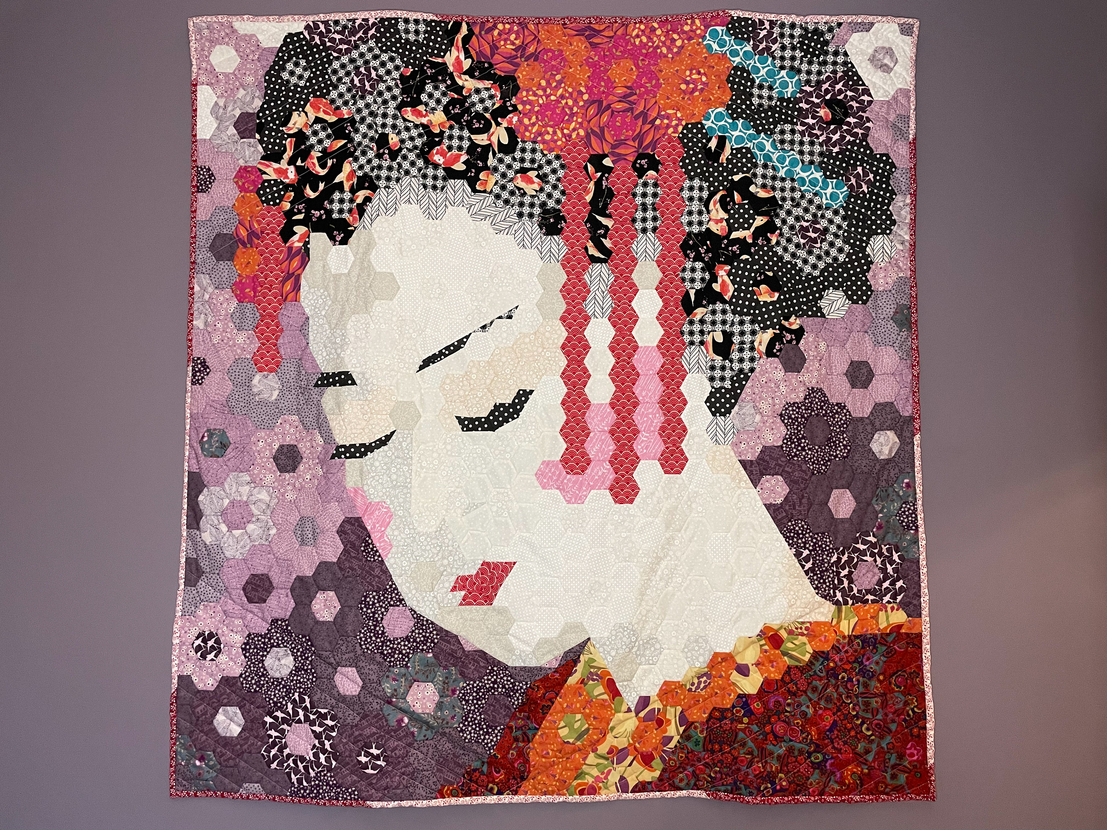 patchwork epp geisha patchwork quilt wall hanging, modern design.