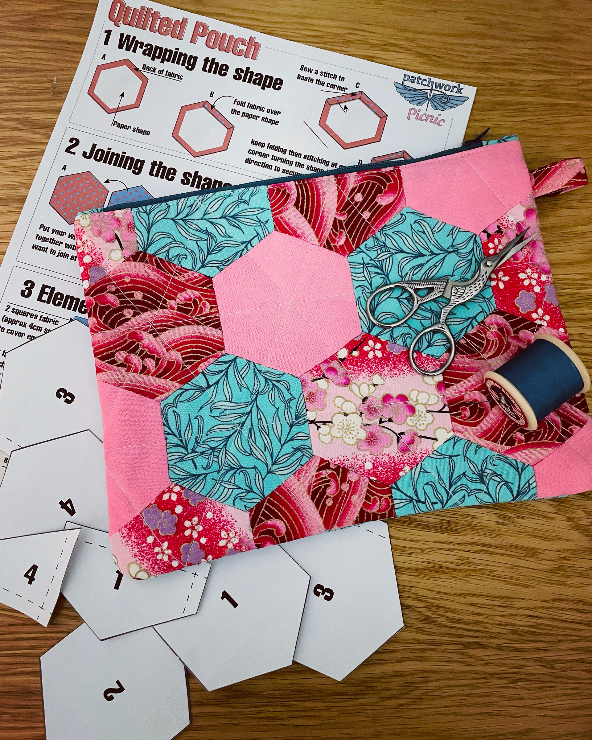 Printable patchwork hexagons for craft project for pouch.
