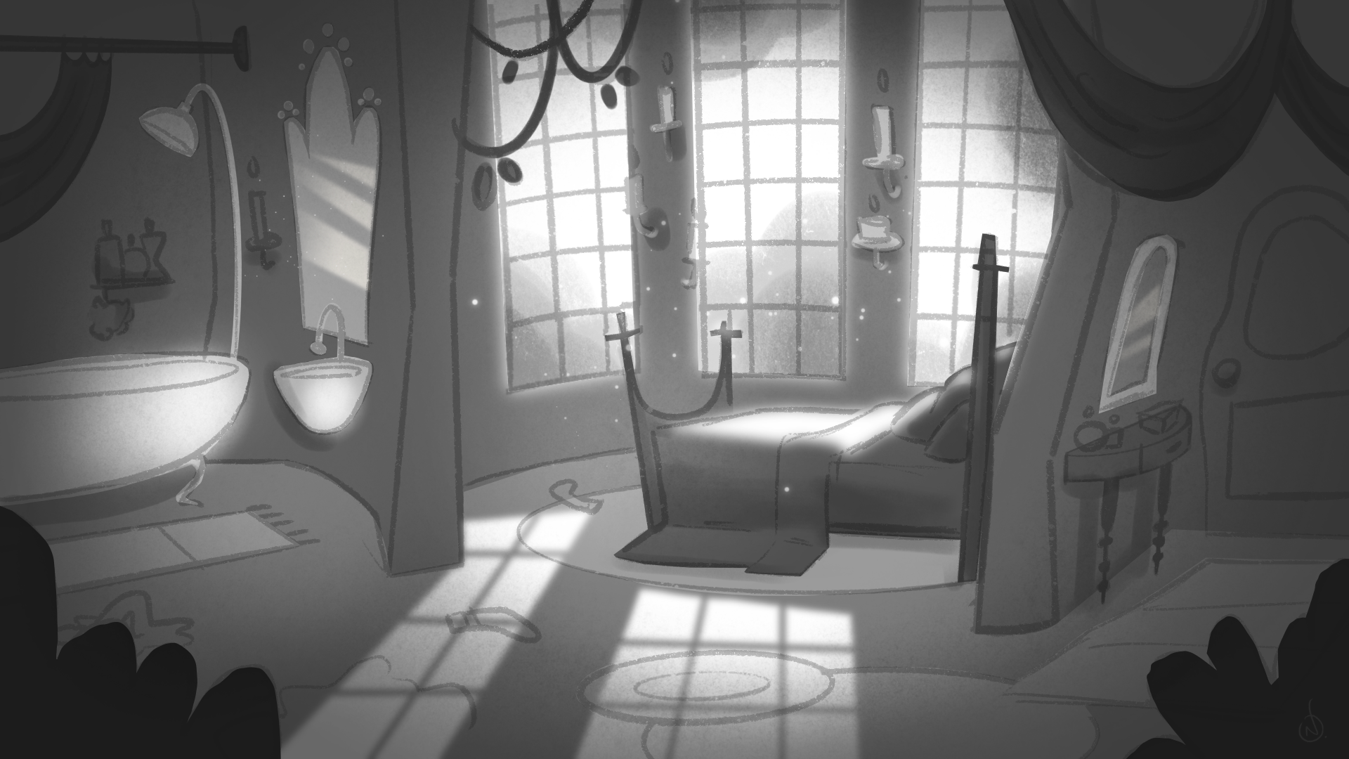 Grey scale concept art.