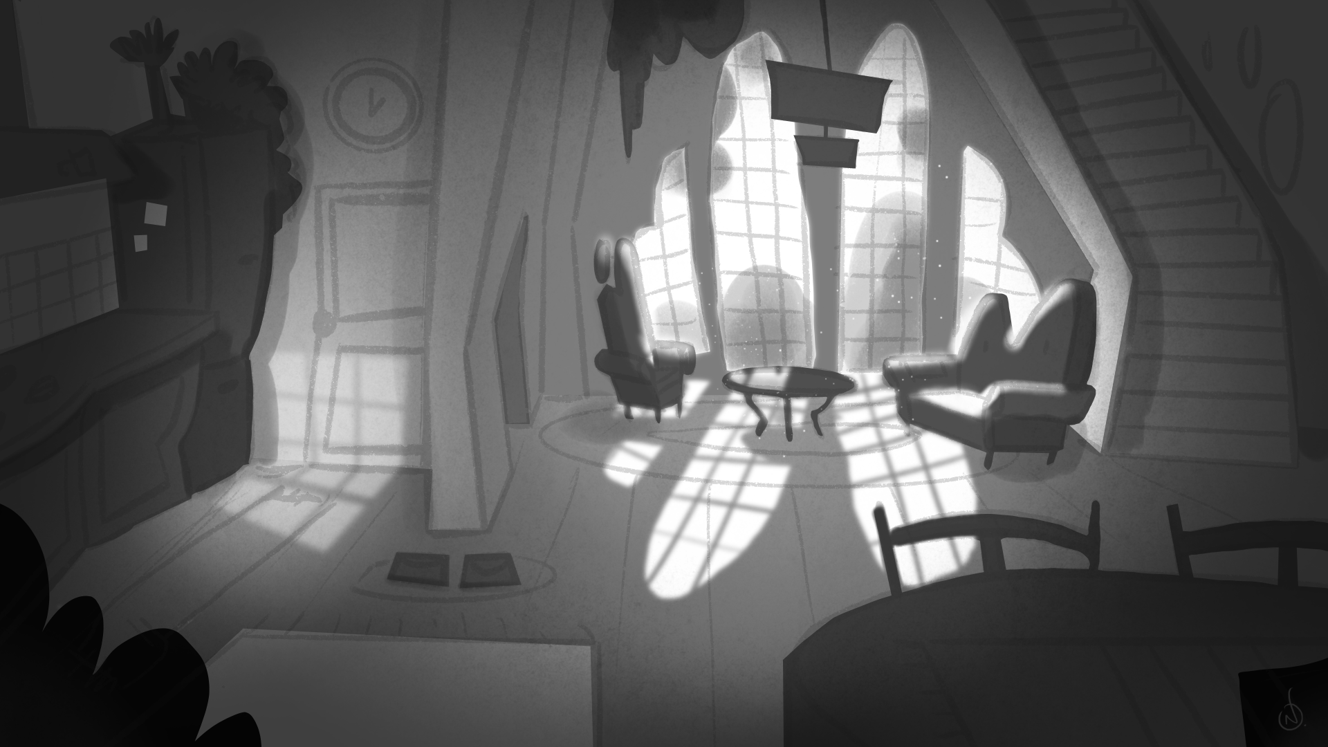 Grey scale concept art.