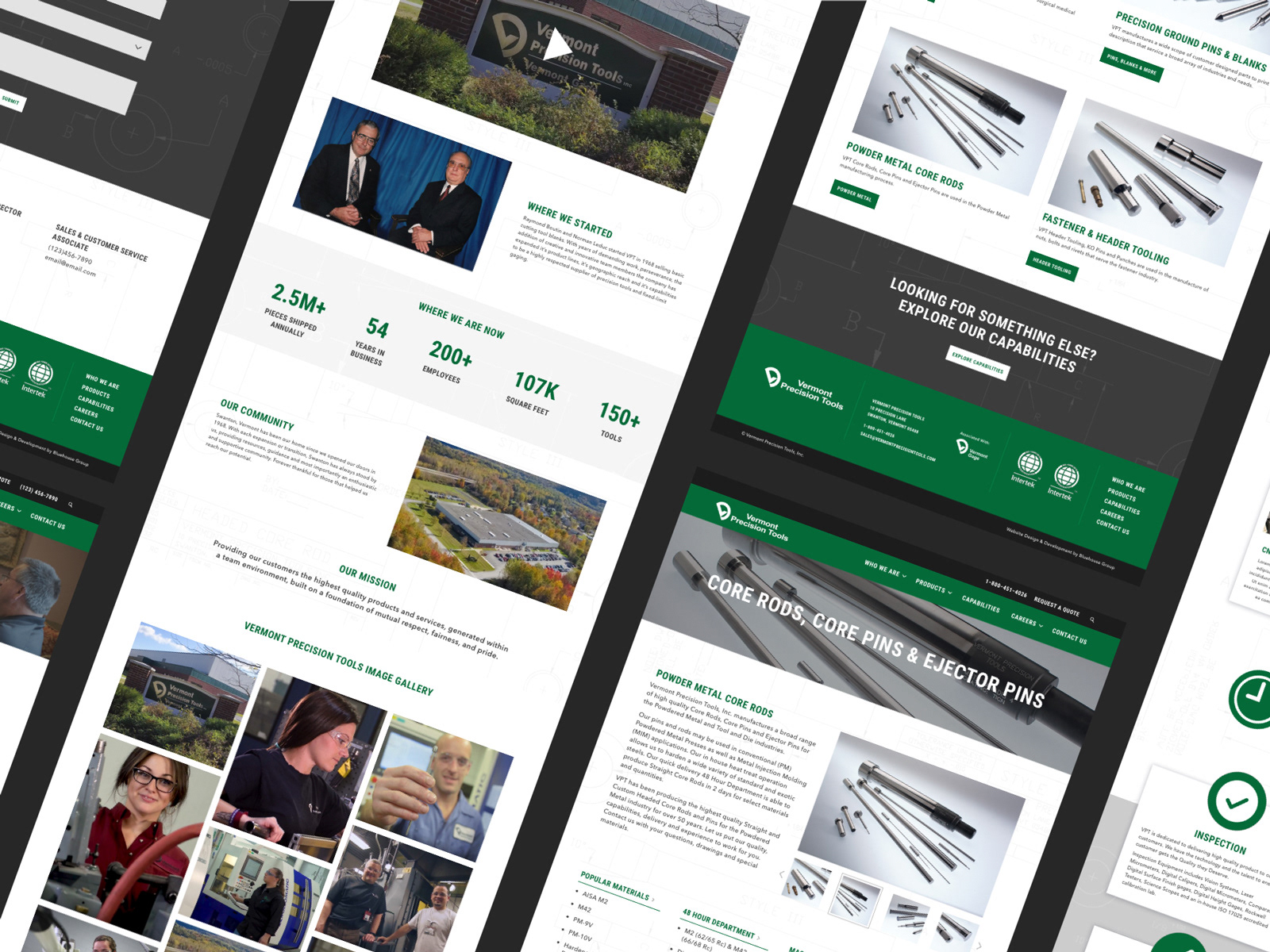 Vermont Precision Tools - Variety of web screens showcasing tools and manufacturing