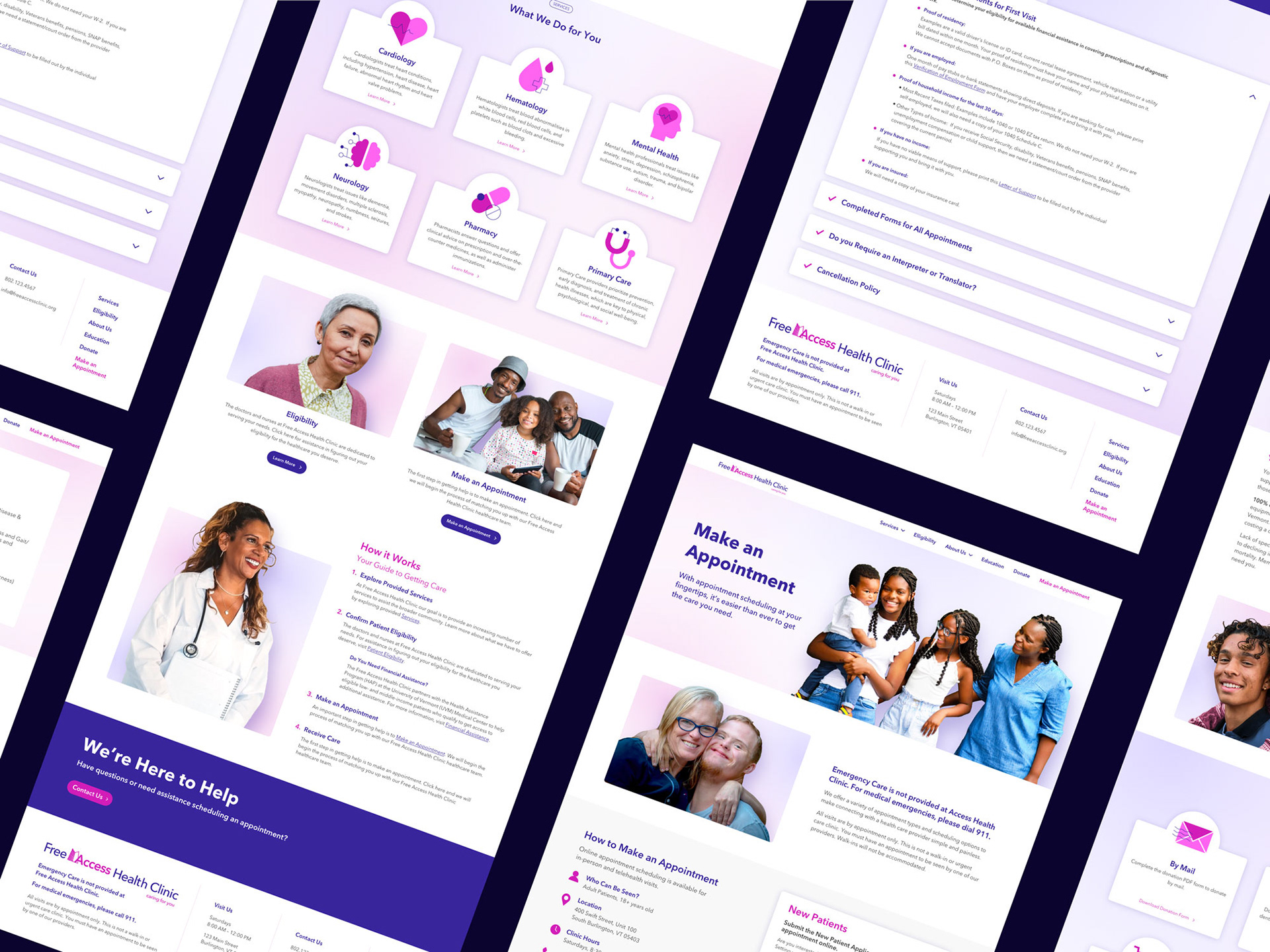 Free Health Clinic - Variety of web screen showcasing medical website