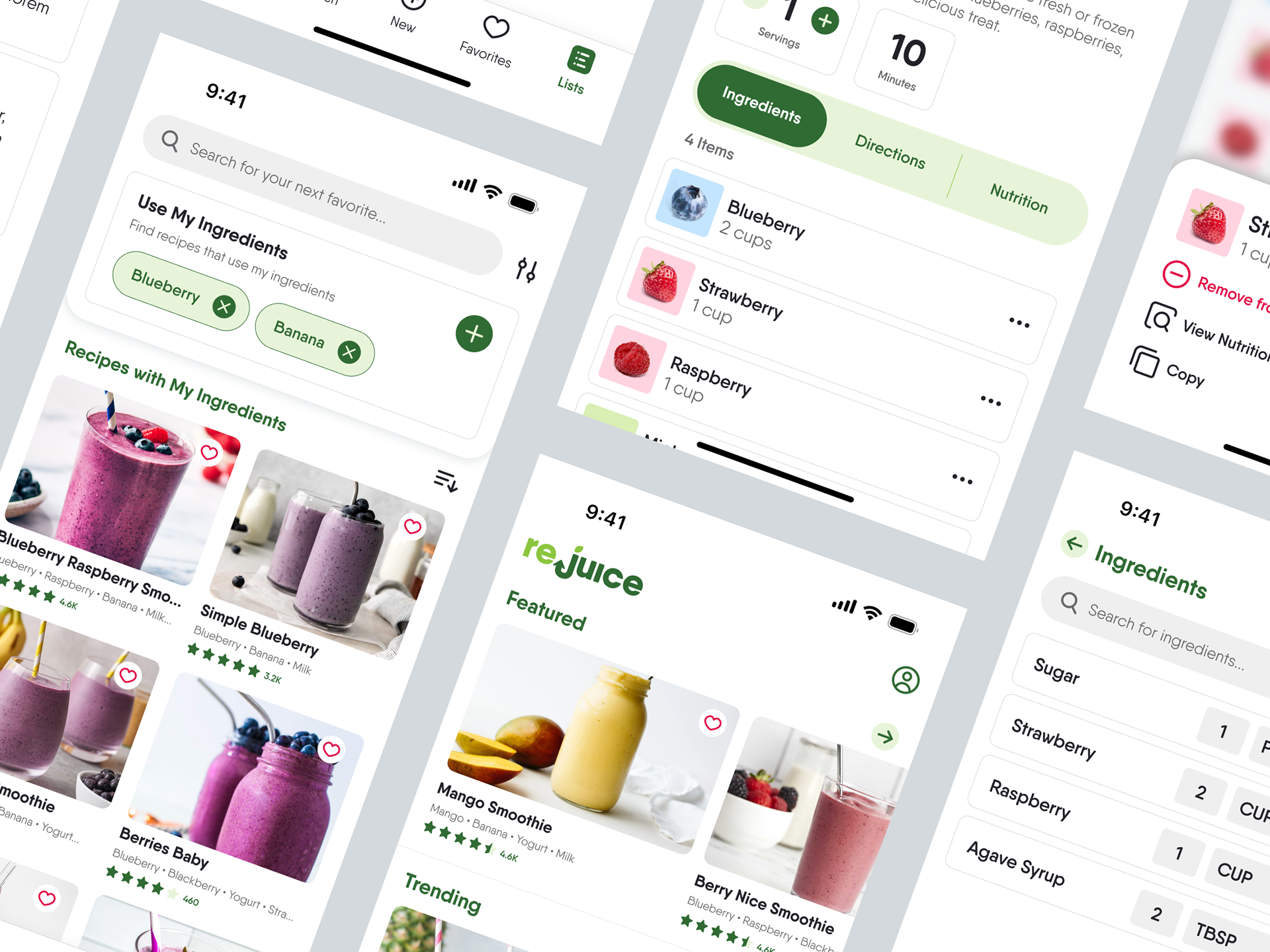 ReJuice - Variety of Mobile Screens featuring smoothie recipes