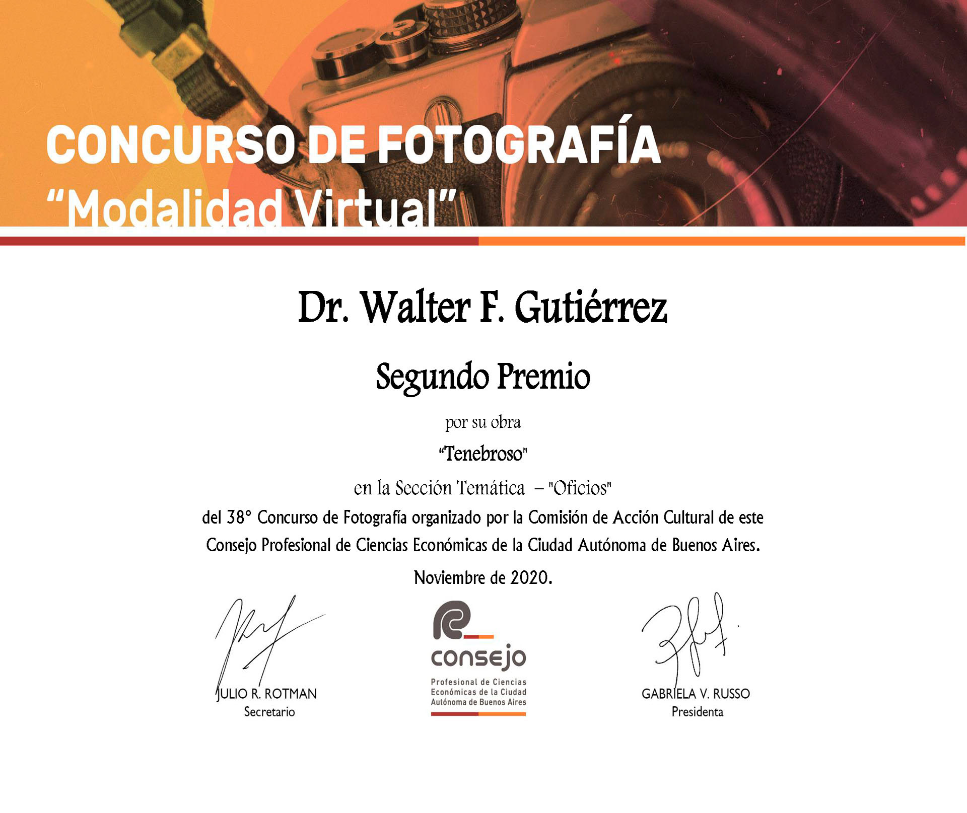 Certificado entregado por el CPCE CABA - Concurso de Fotografía 2020 - Modalidad Virtual  - Temática "Oficios"