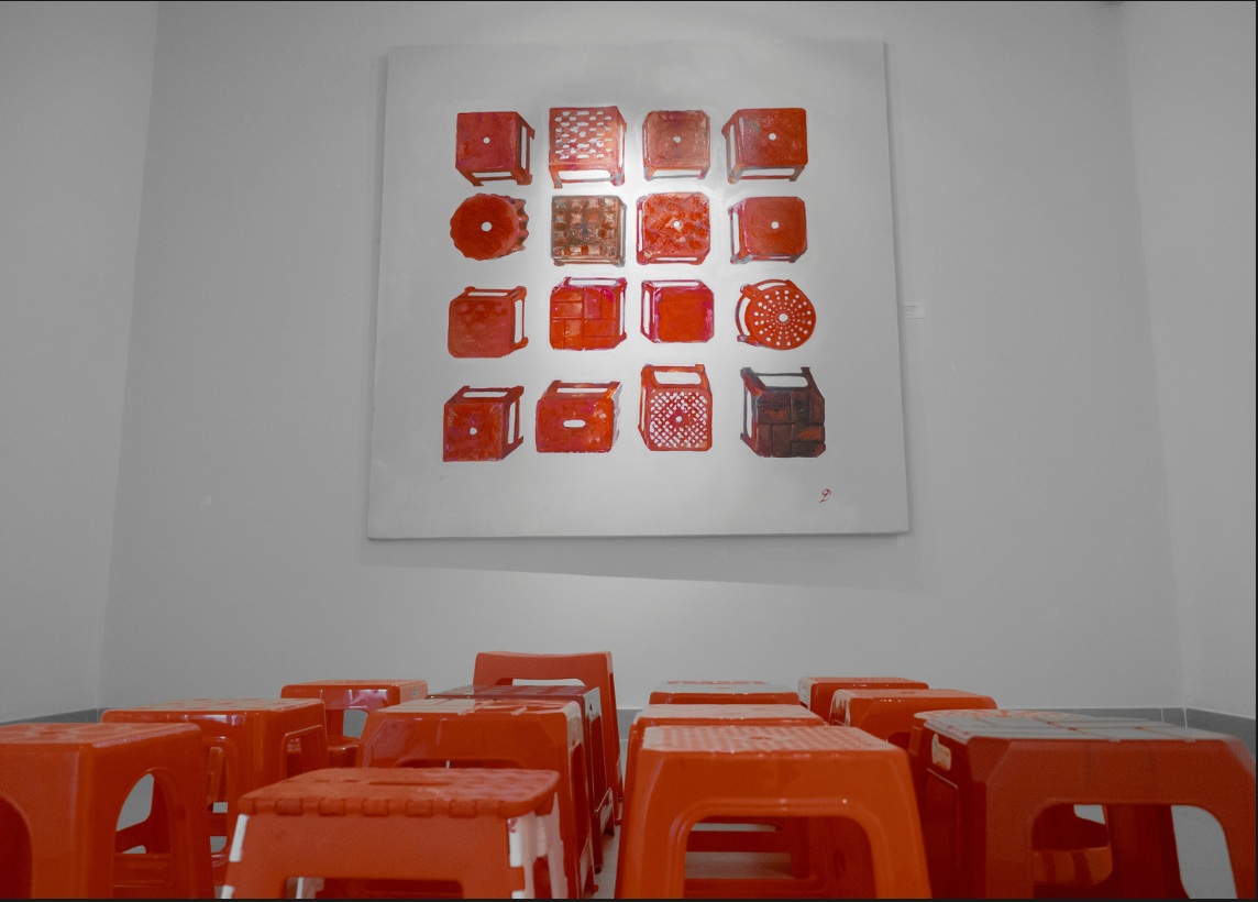 Red Chairs, 2025, acrylic on canvas, plastic chairs, 73 x 73 in