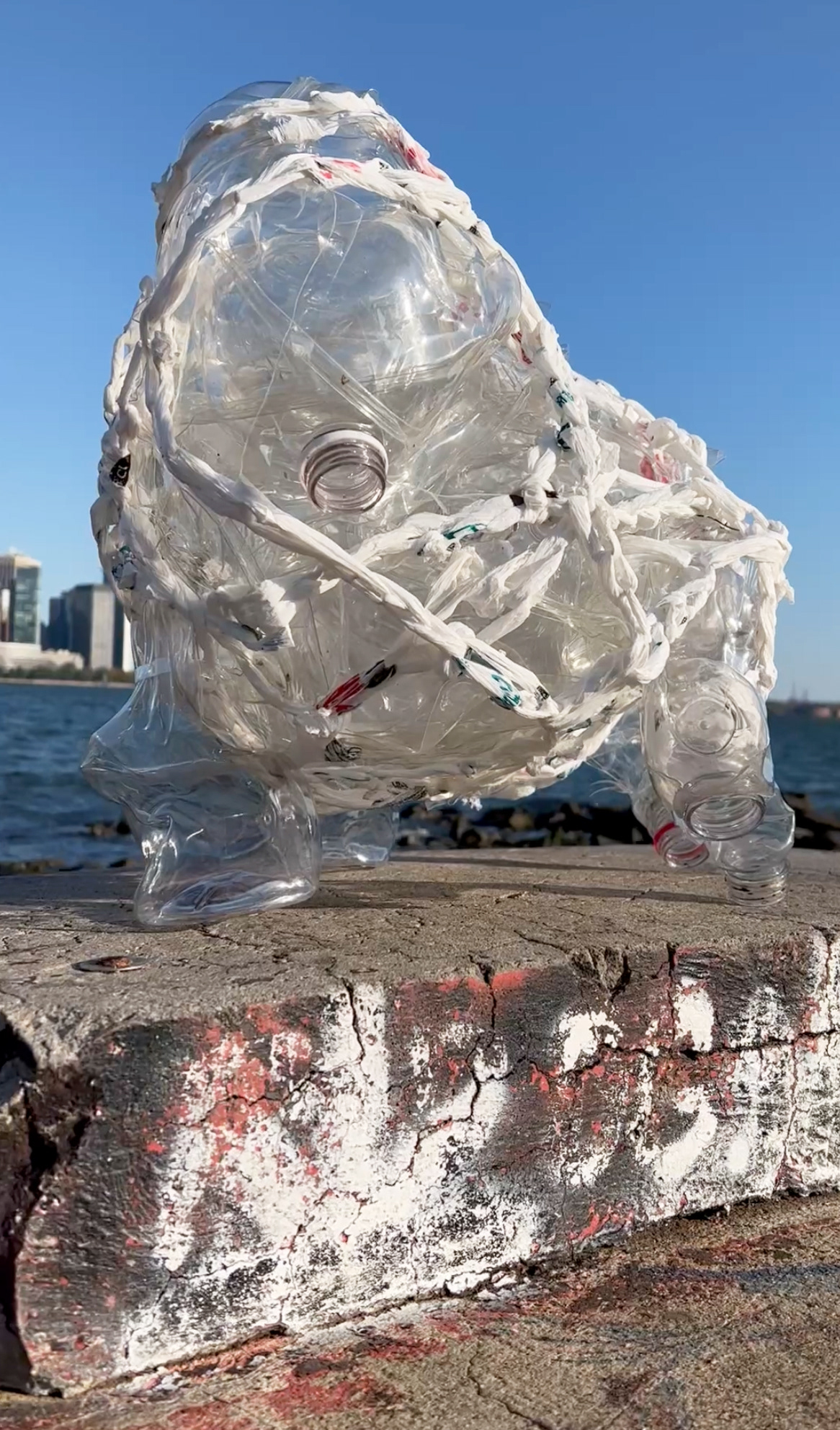 Red Spill Rite, 2025, Reclaimed plastic containers, plastic shopping bags, 24” x 24” x 18”