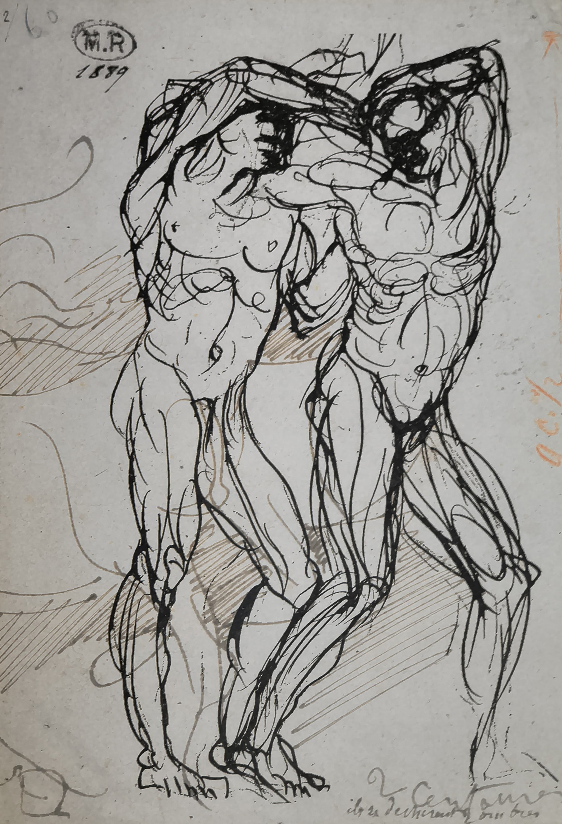 Auguste Rodin, Los dos centauros, 1895-1898. Grabado, tinta y pluma, 17,7 x 12,4 cm.
