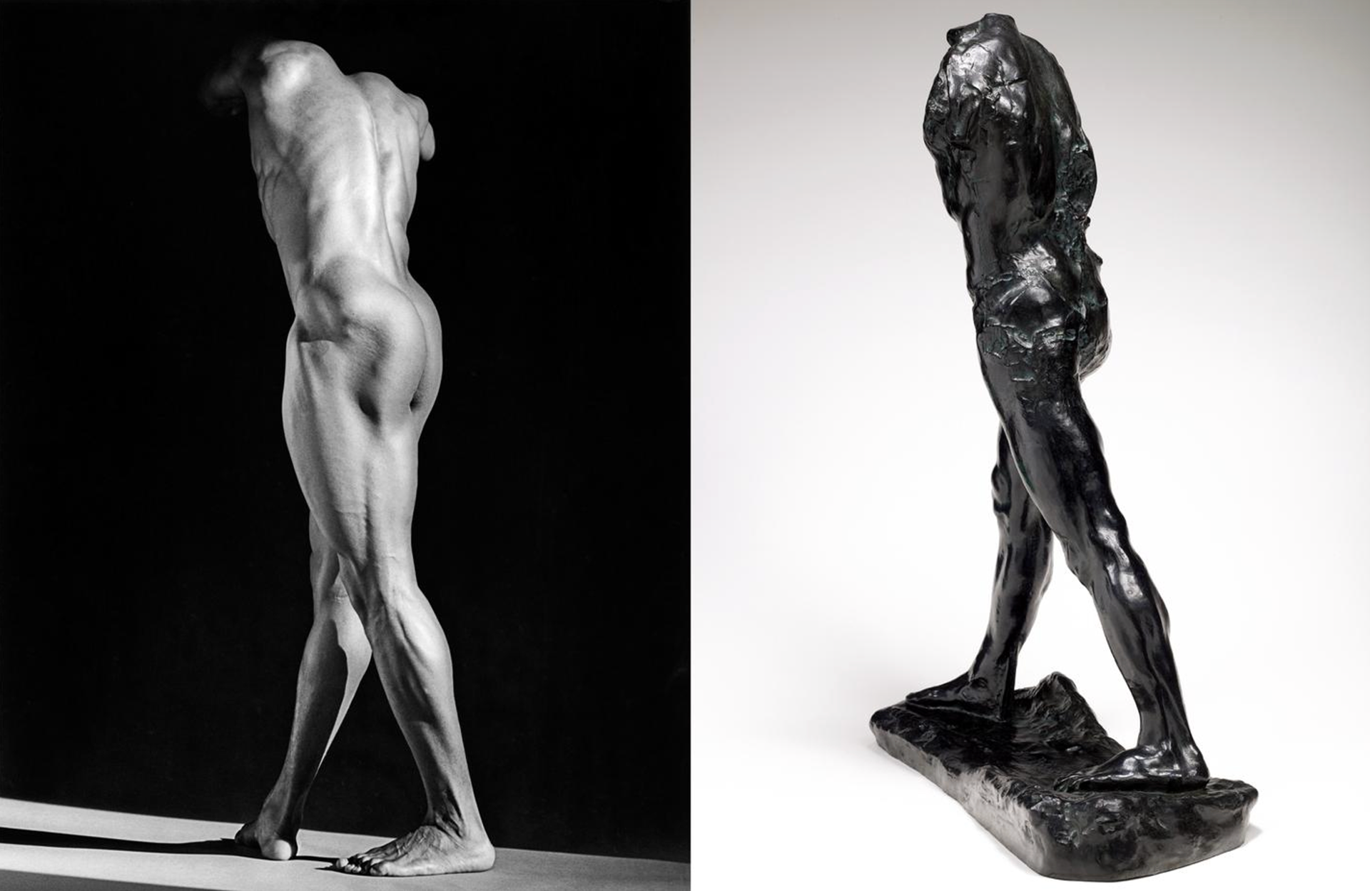 Robert Mapplethorpe (1946-1989), Michael Reed, 1987, MAP 1728 © 2014 Robert Mapplethorpe Foundation, Inc. Todos los derechos reservados — Auguste Rodin (1840-1917), El hombre que camina, hacia 1899, bronce, 85 x 59,8 x 26,5 cm, París, Museo Rodin, S. 495 © París, Museo Rodin, foto: C. Baraja