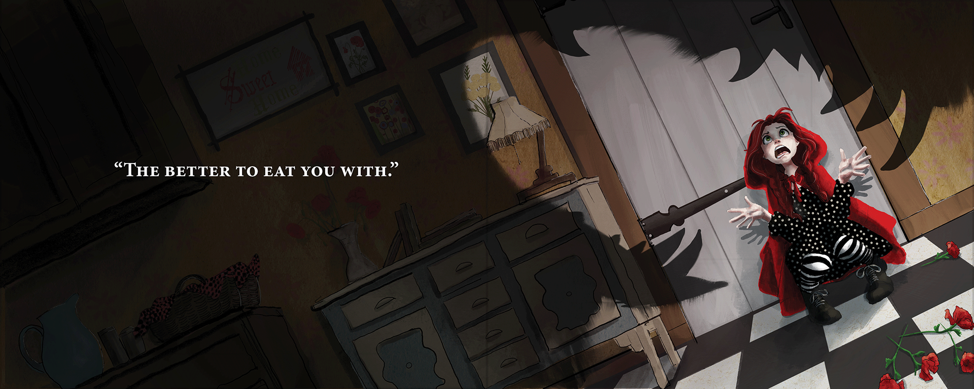 Full page spread of the Wolf about to eat Little Red Riding Hood.