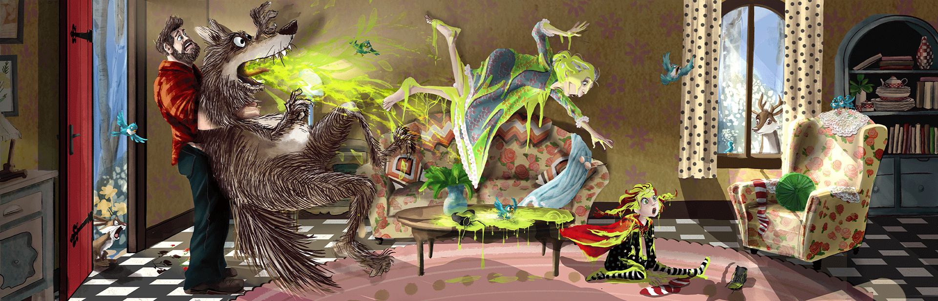 Woodsman giving wolf the Heimlich Manuever