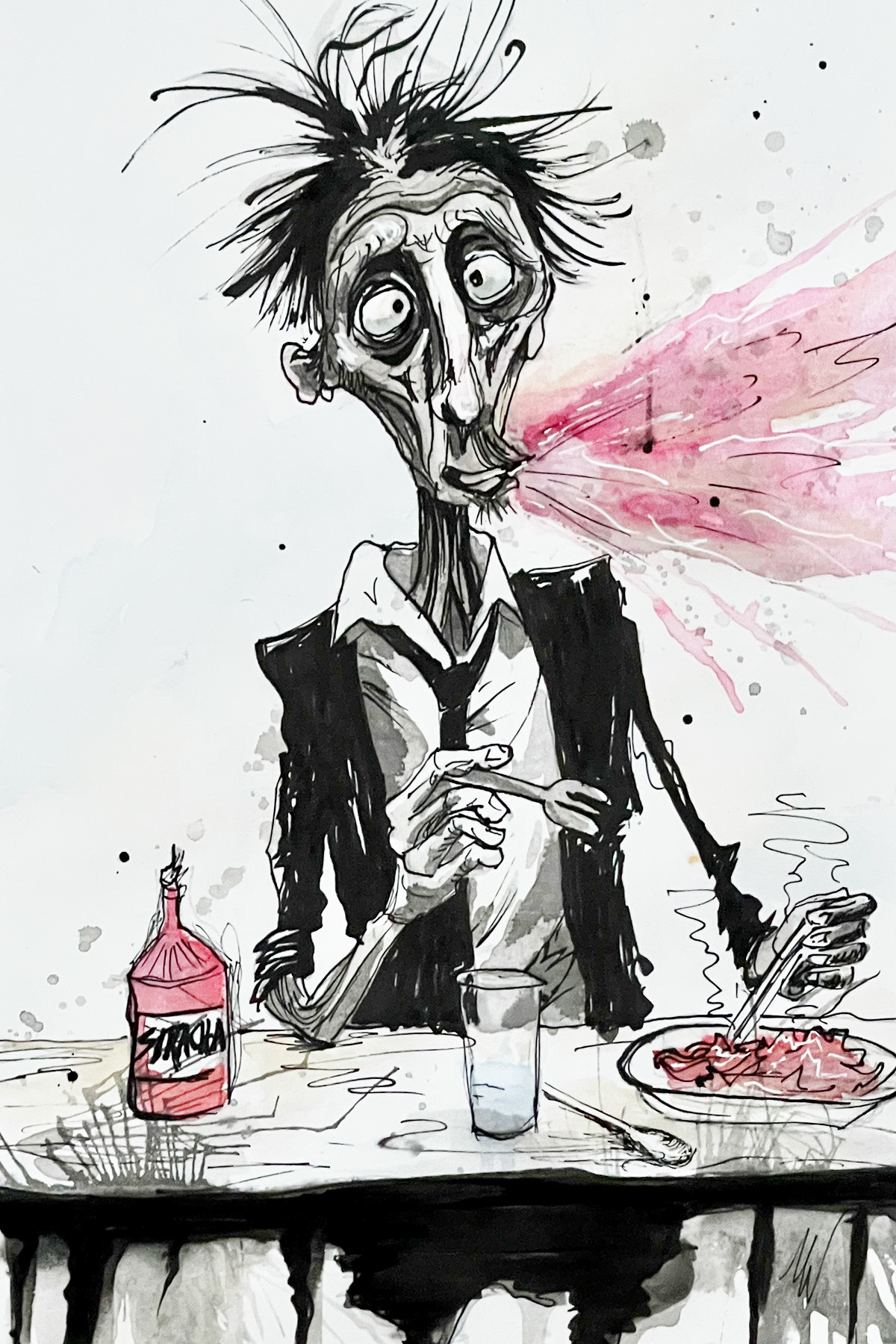 Ink on Paper Man eating Siracha
