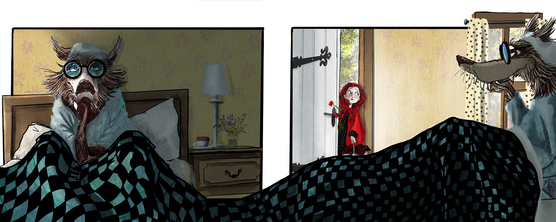 Two pages of the Wolf waiting for Little Red Riding Hood.