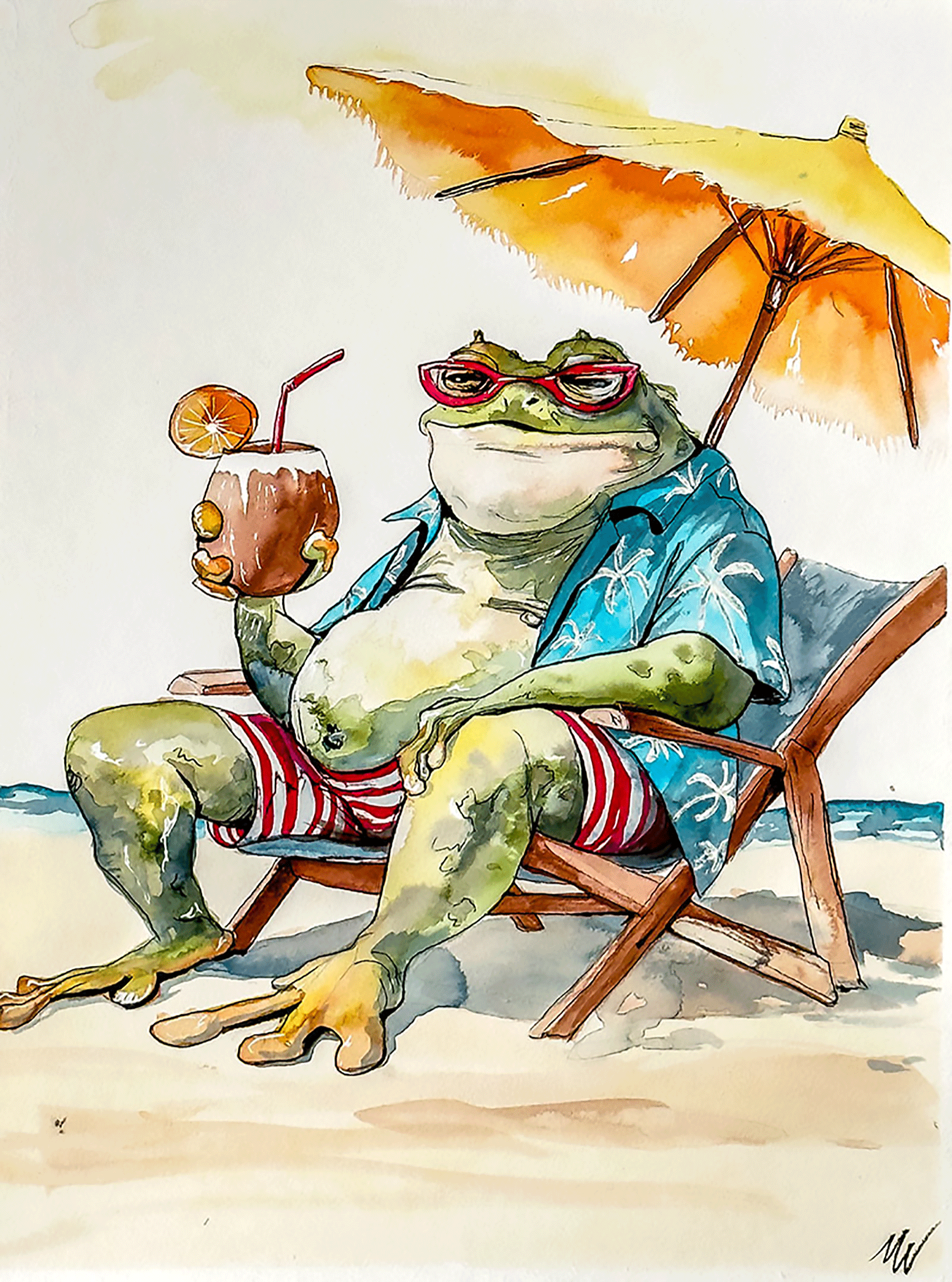Ink on Paper of a Frog on Vacation