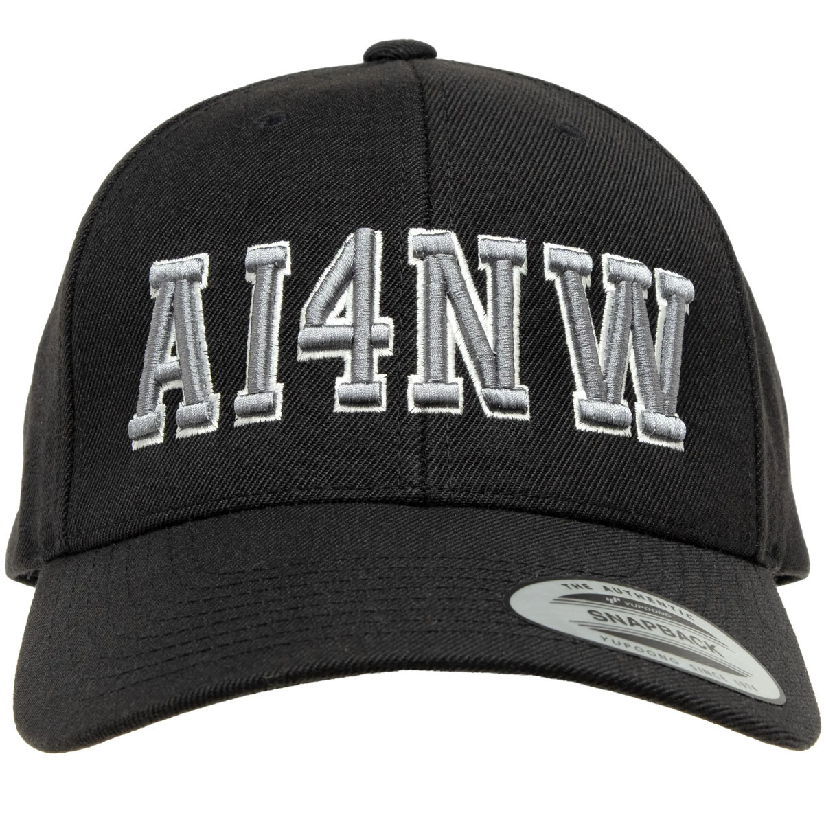 Black snapback ham radio call sign hat with AI4NW silver 3D puff embroidery on the front.