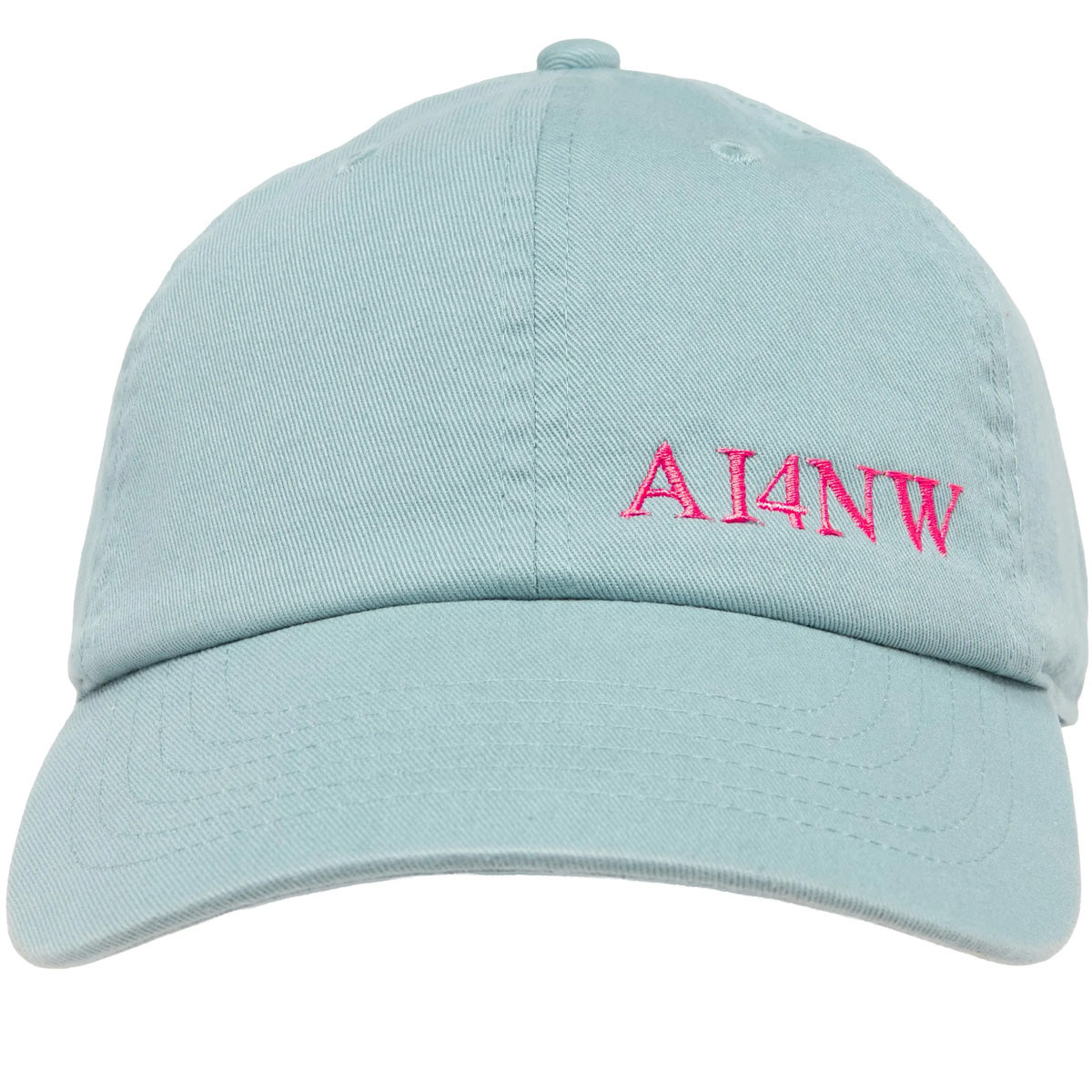 Light blue YL ham radio call sign hat with AI4NW embroidered in pink thread on the front.