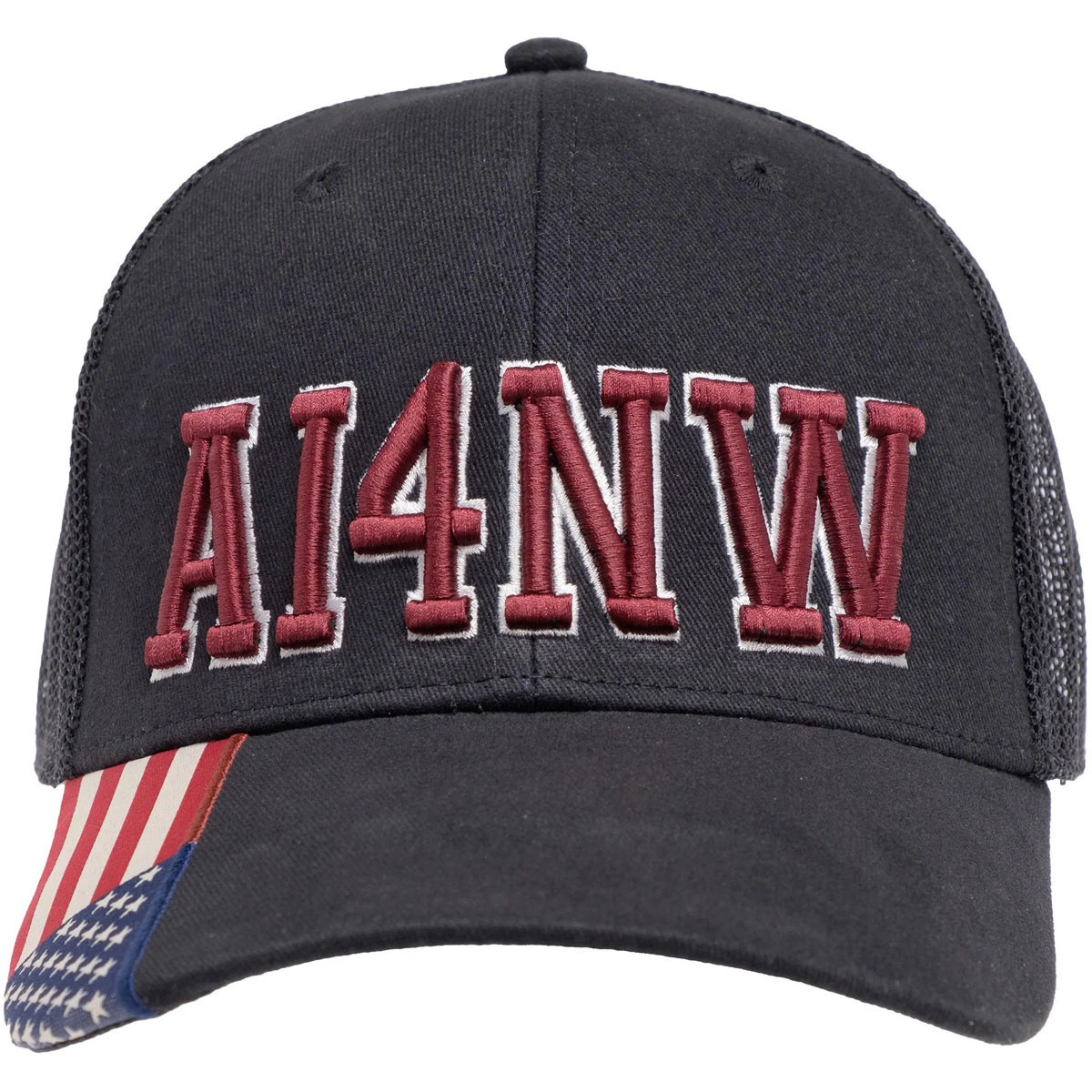 Black mesh-back ham radio call sign hat with AI4NW dark red 3D puff embroidery and American flag brim.