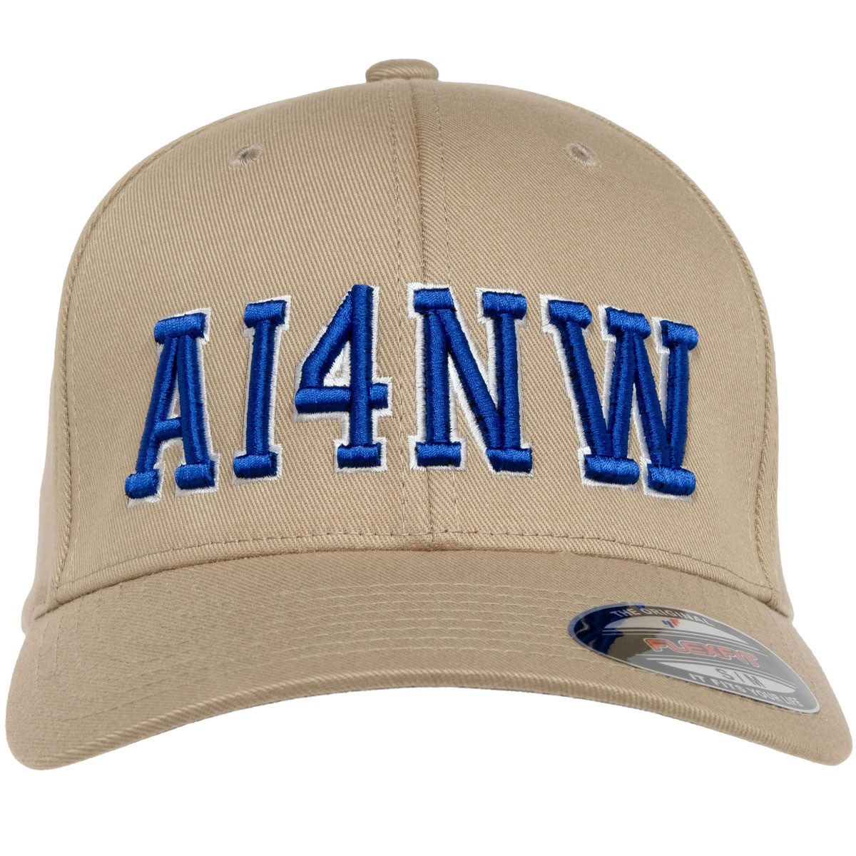 Khaki Flexfit ham radio call sign hat with AI4NW blue 3D puff embroidery and white outline on the front.