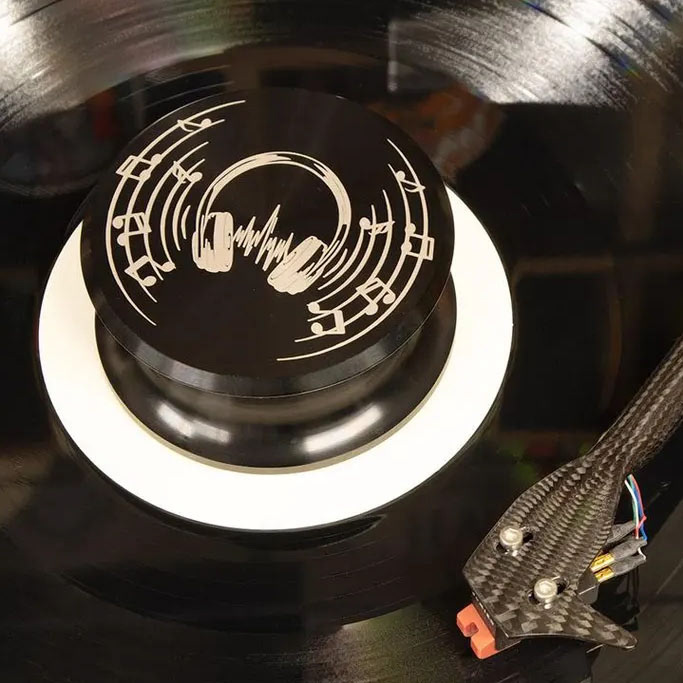 enfraved black aluminum turntable vinyl record weight with headphones design