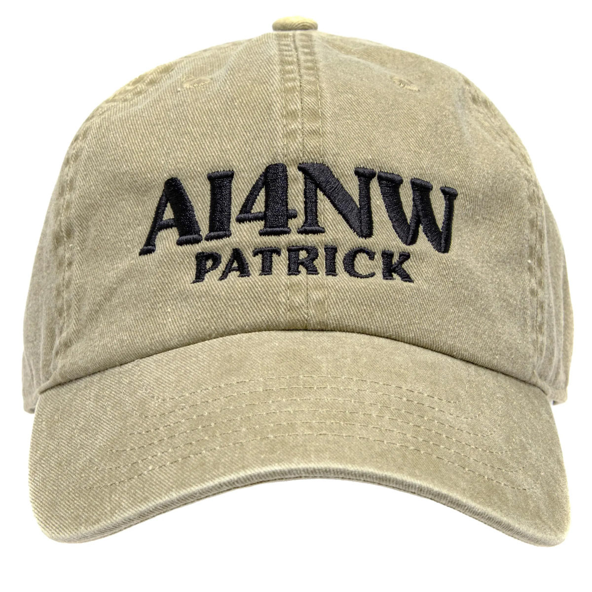 Khaki custom ham radio hat with AI4NW call sign and Patrick embroidered in black thread on the front.