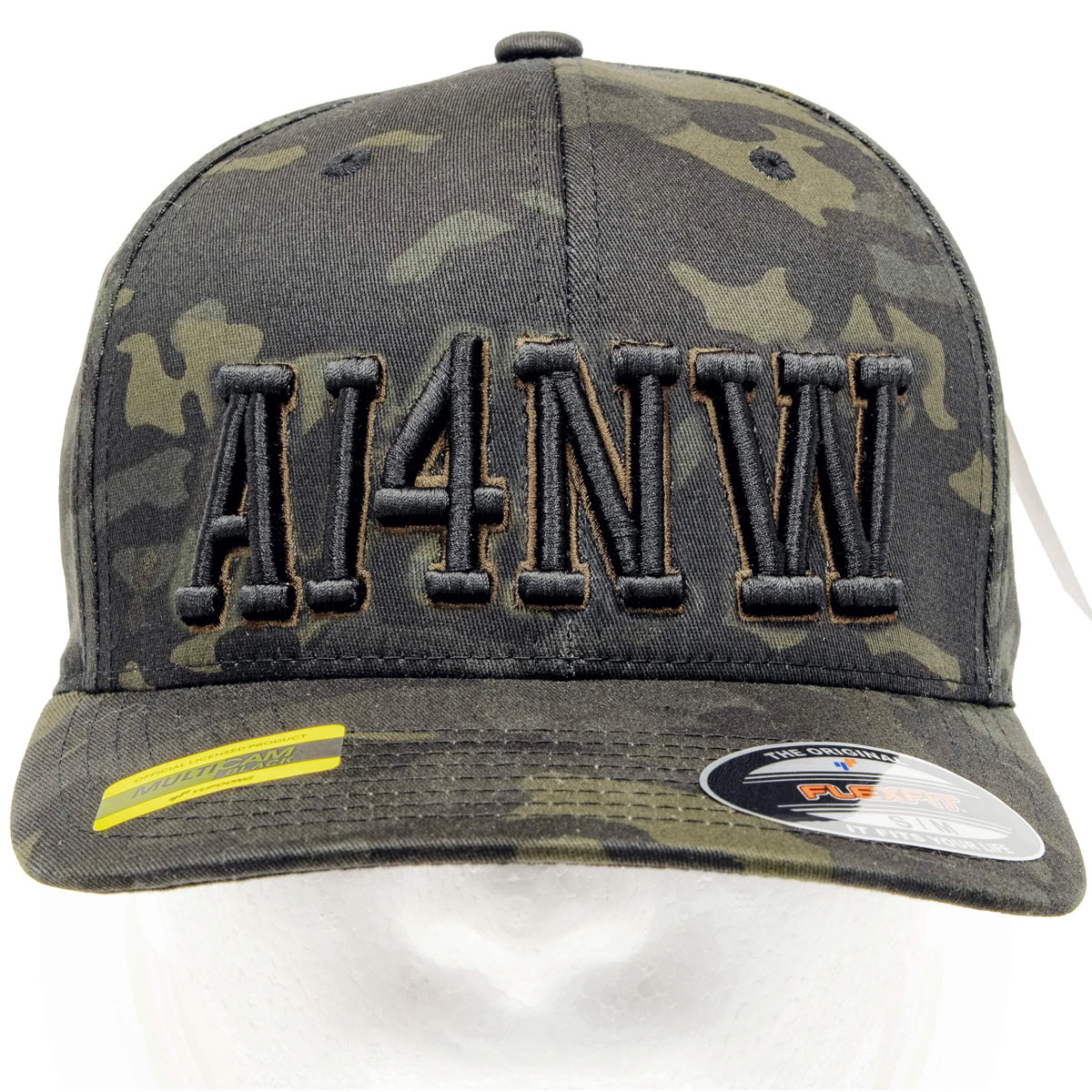 Camo Flexfit ham radio call sign hat with AI4NW black 3D puff embroidery on the front.