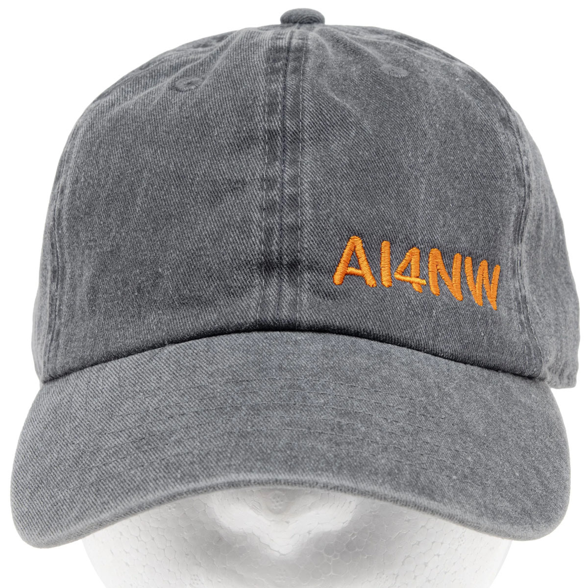 Gray low-profile ham radio call sign hat with AI4NW embroidered in orange thread on the front.