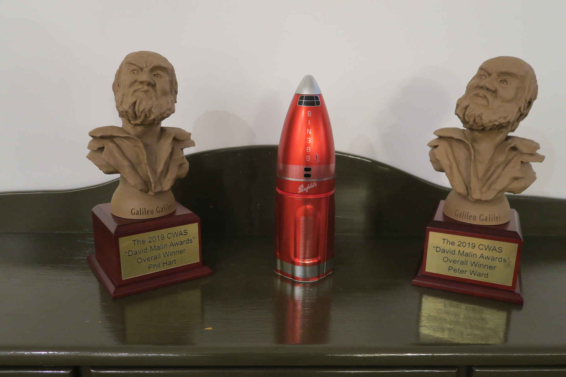 The Galileo Trophies were presented to Phil Hart and Peter Ward, the joint overall winners of the 2019 "David Malin Awards". The Penfolds Bin 389 wine was presented to Dr David Malin