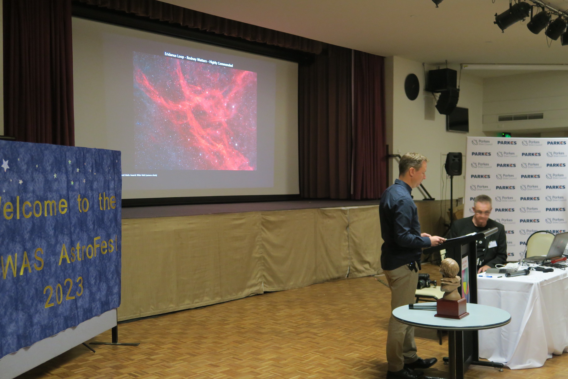 Phil Hart presenting the 2023 CWAS "David Malin Awards" with Brad Le Brocque